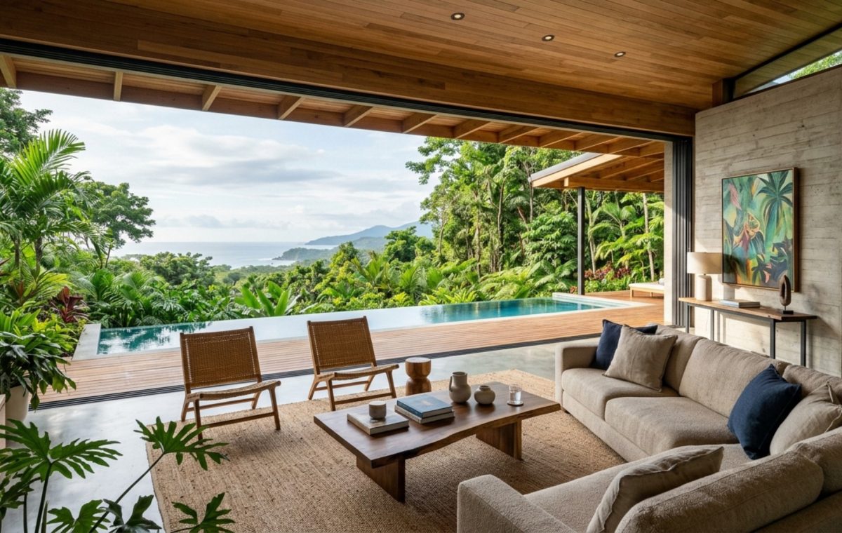 seamless glass walls with recessed floor tracks opening a minimalist living room to a lush tropical garden