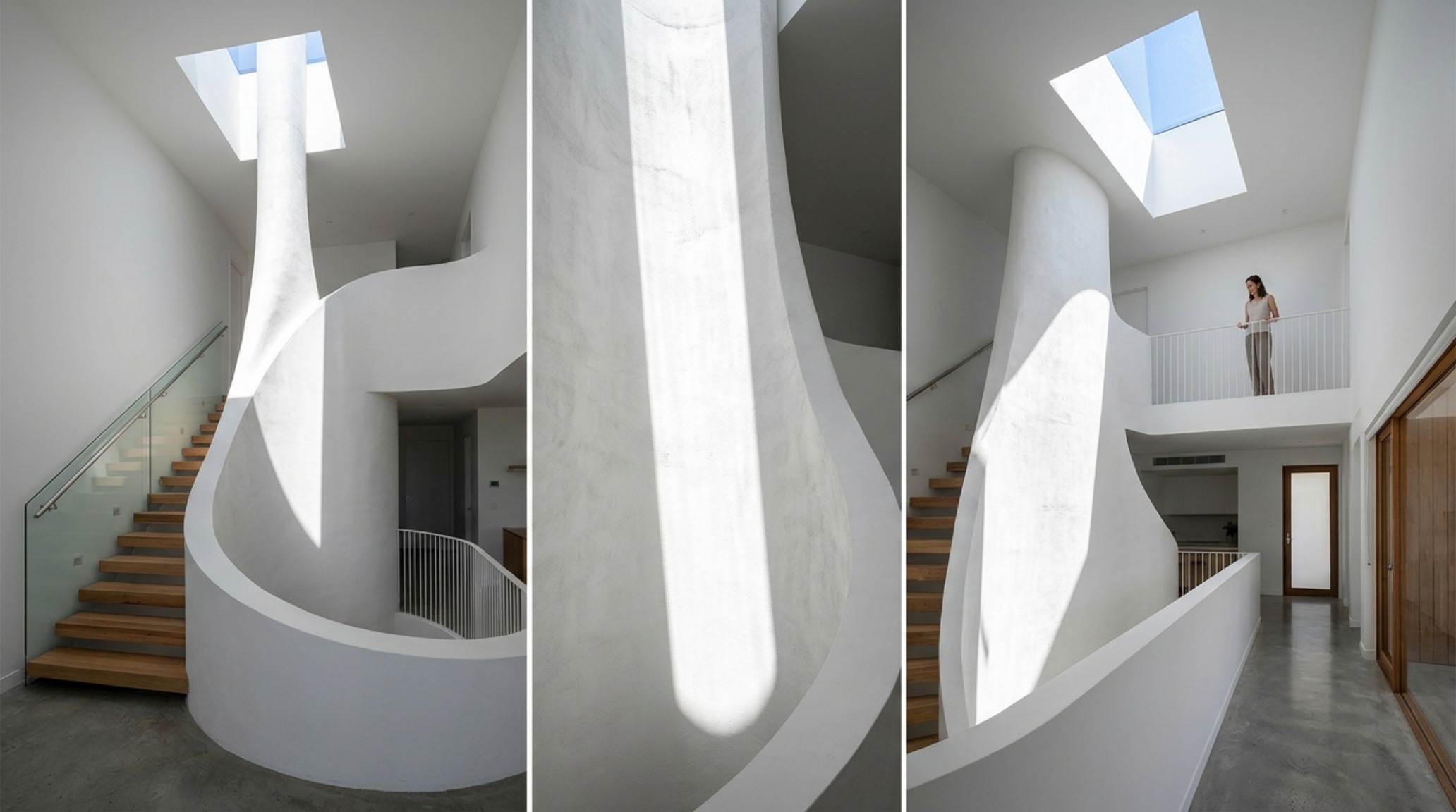 thermal chimneys architectural detail showing a sculptural skylight shaft in a white-walled modern home