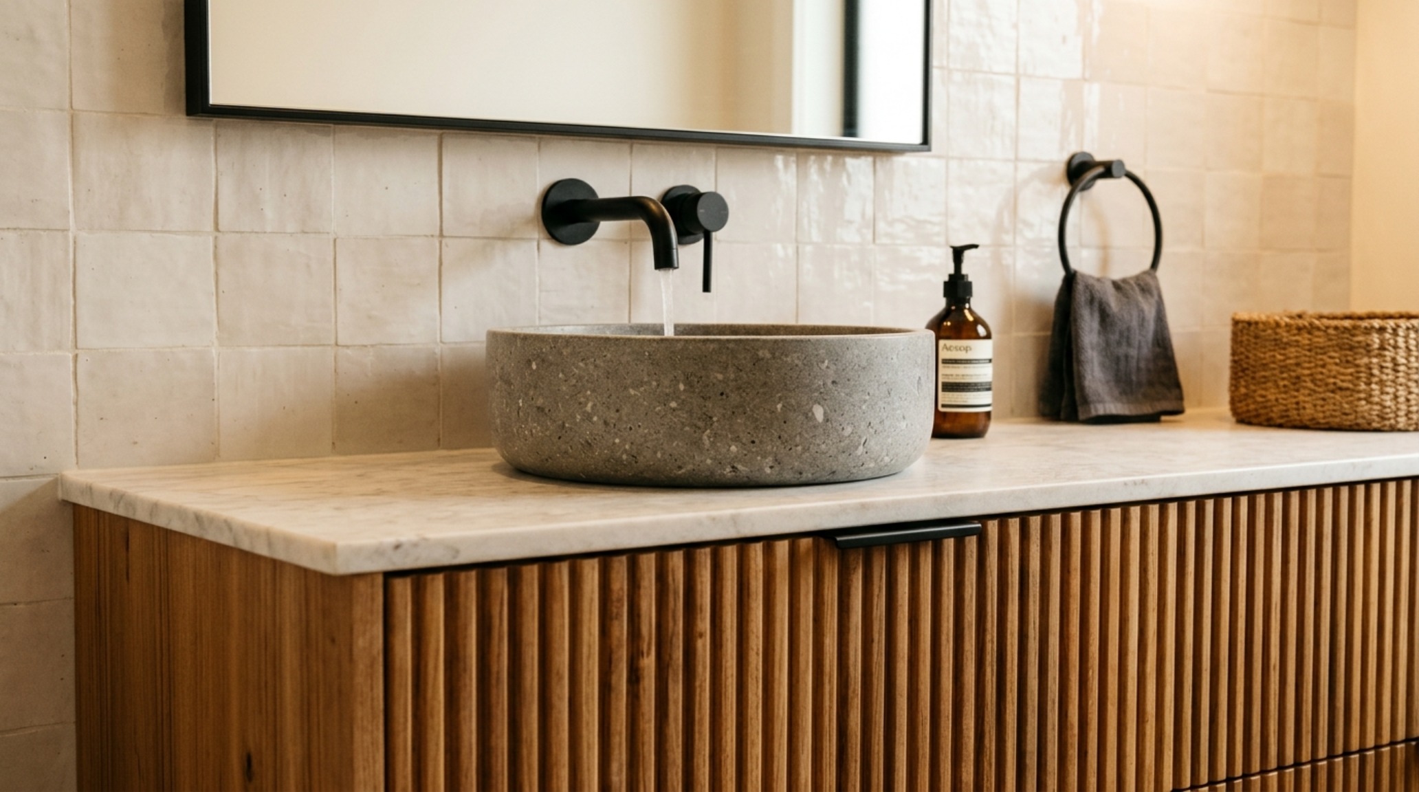 moisture-resistant materials featuring a fluted teak vanity and honed stone surfaces in a ventilated luxury bathroom