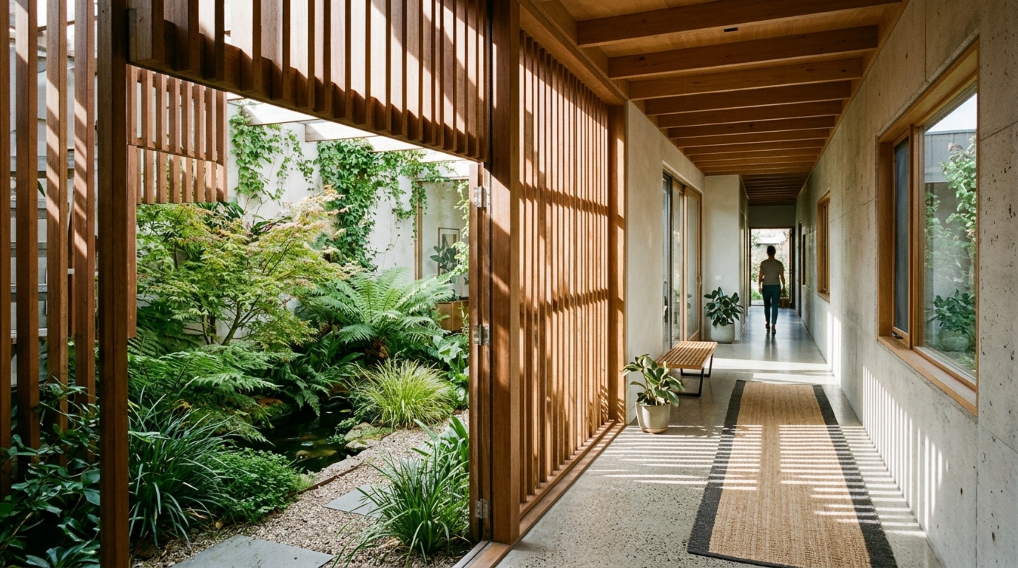 cross-ventilation layout showcasing an open breezeway with louvered doors and polished concrete flooring