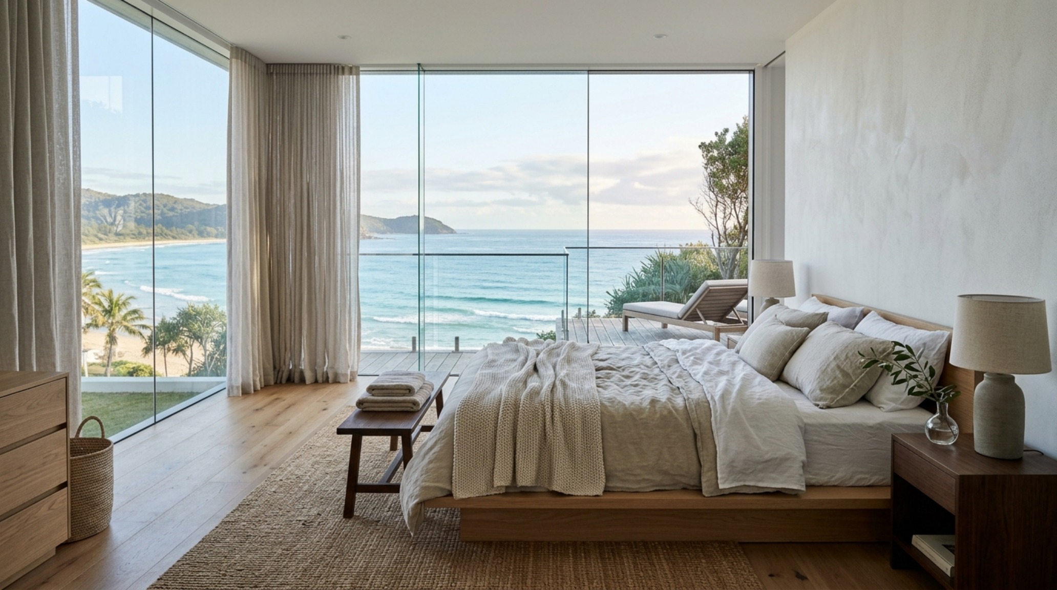 seamless glass walls in a primary bedroom offering 270-degree views of a coastal landscape at sunset