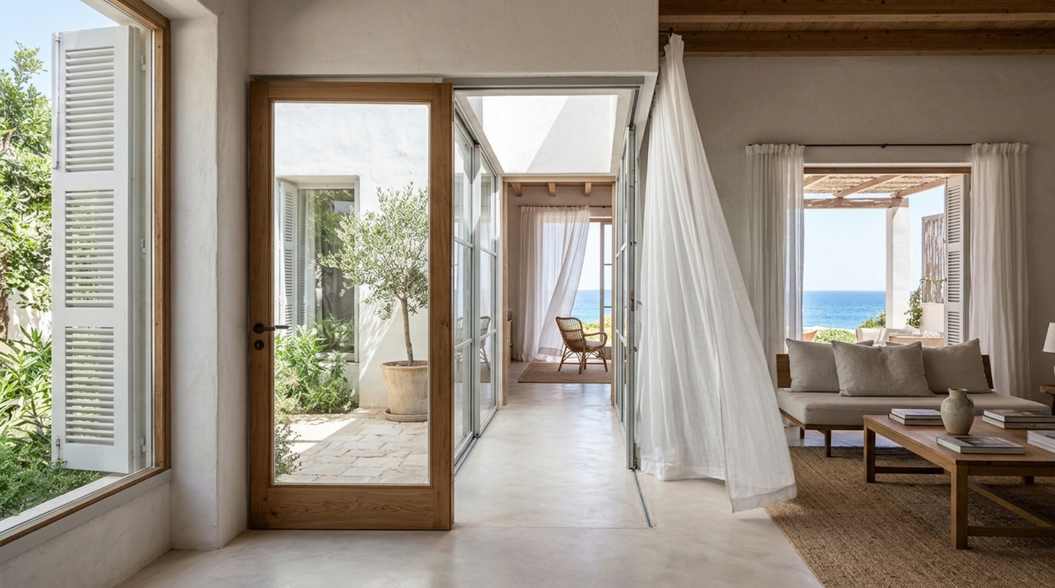 cross-ventilation layout in a residential hallway using strategic window placement to capture prevailing breezes