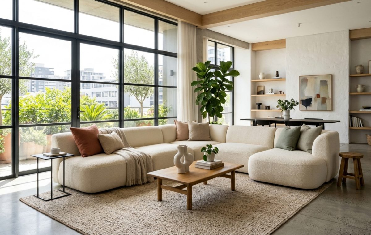 A low-slung cream modular sofa in a sun-drenched minimalist living room, illustrating the coolest modern sofas decor ideas for small urban apartments.