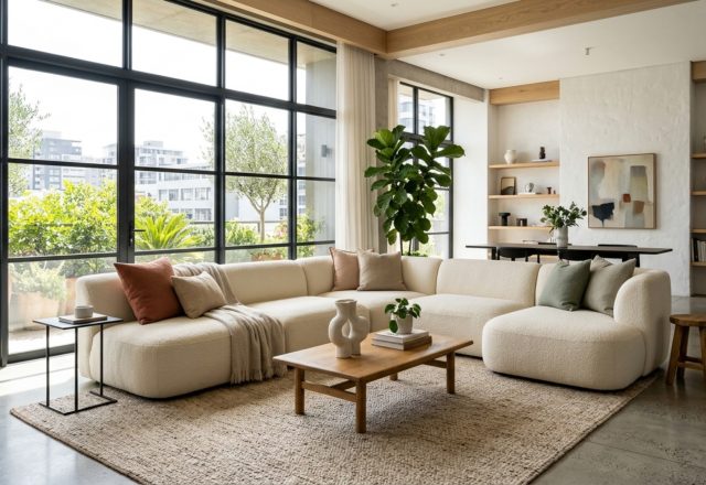 A low-slung cream modular sofa in a sun-drenched minimalist living room, illustrating the coolest modern sofas decor ideas for small urban apartments.