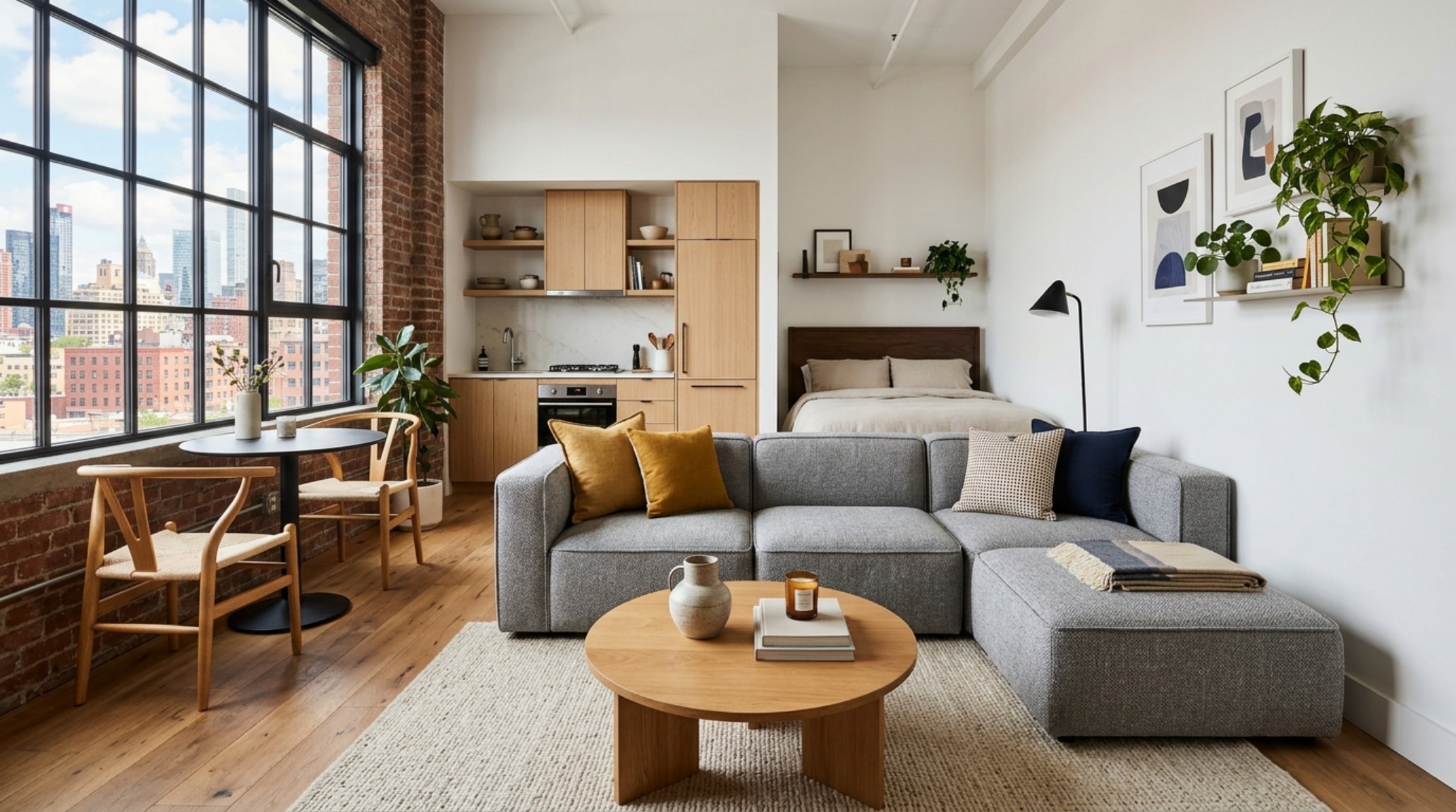A modern small space sofa solution showing a three-piece modular set arranged as a fluid island in the center of a studio.