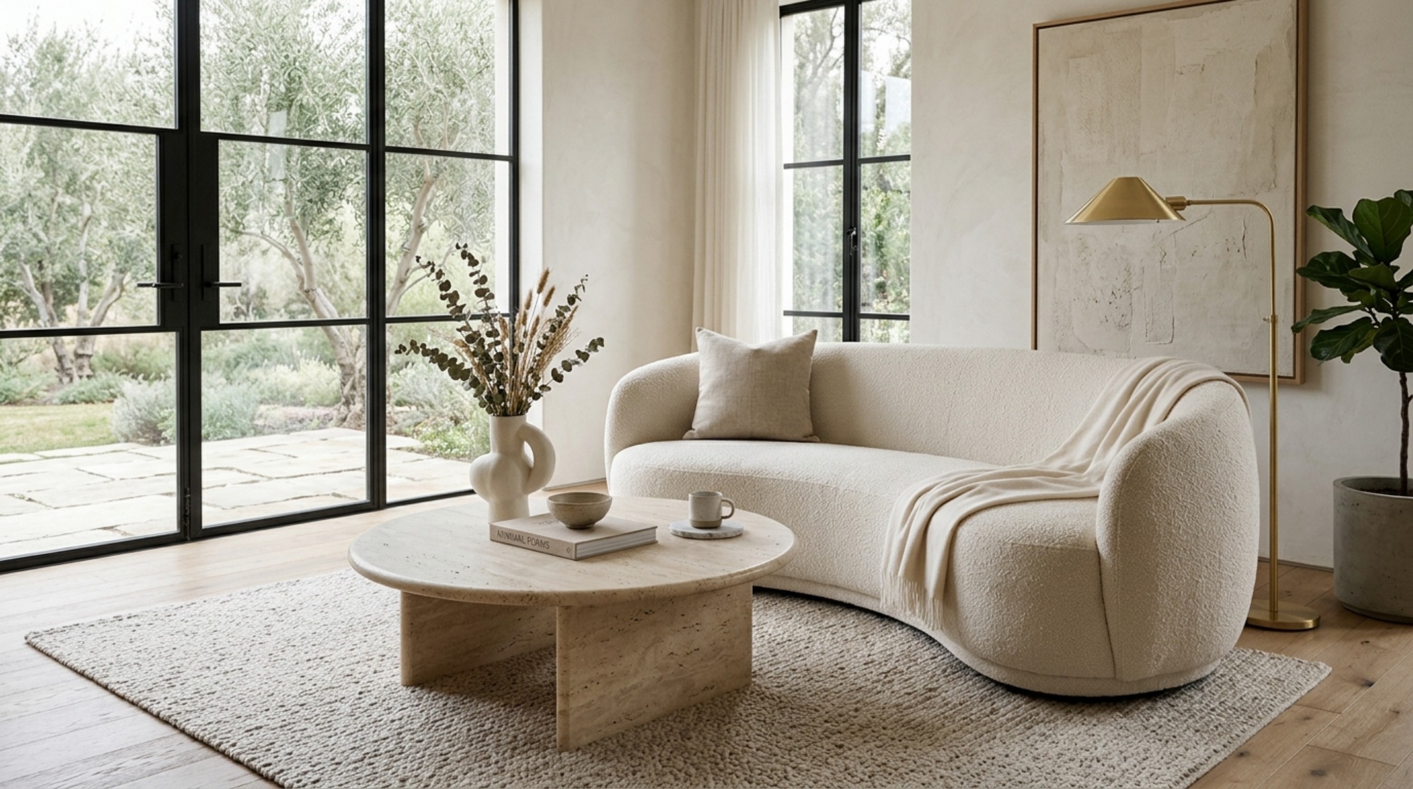 Architectural detail of a honed travertine plinth table paired with a sculptural curved sofa in a soft minimalist setting.
