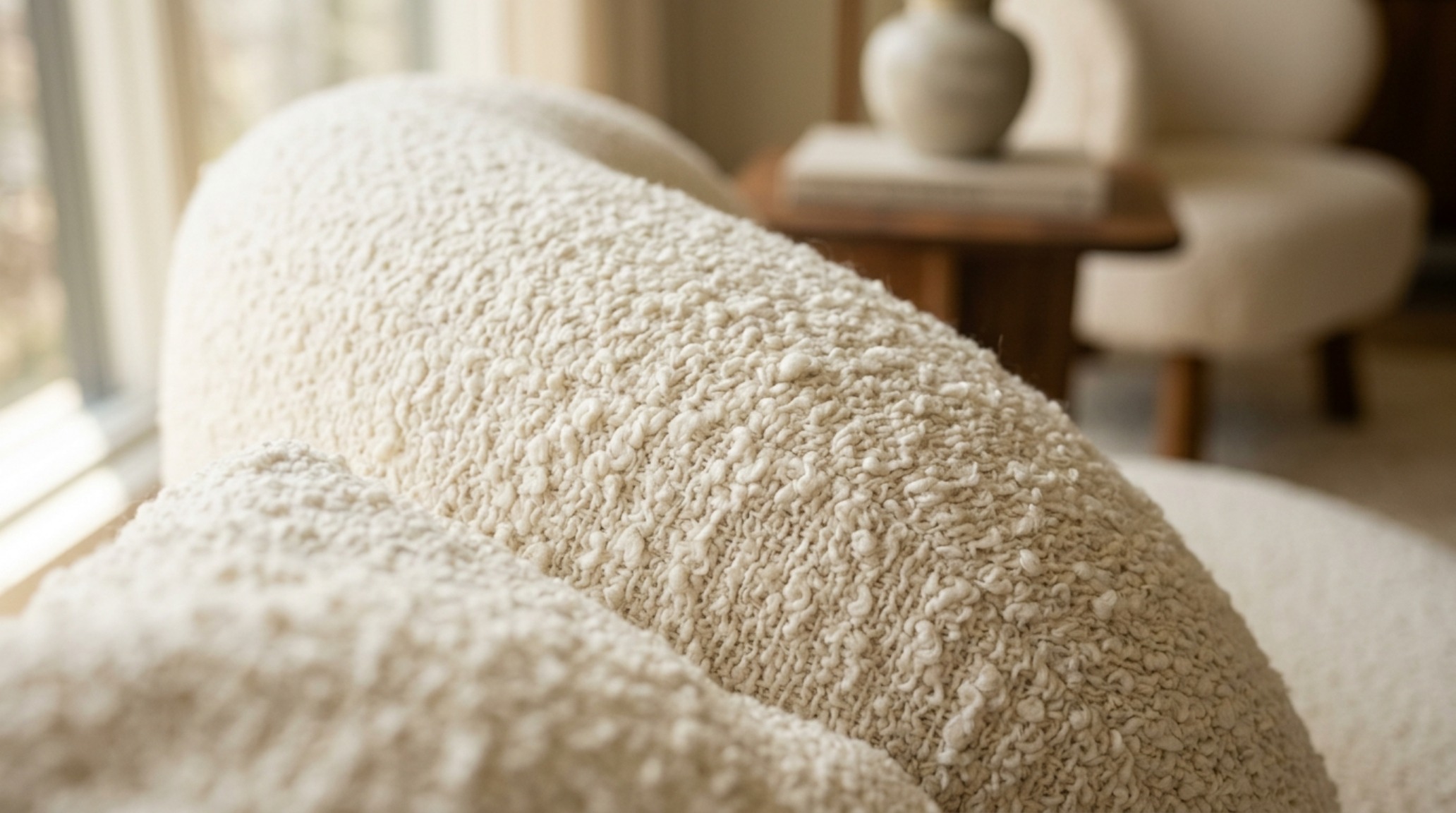 Macro shot of textured white bouclé upholstery on a modern sectional sofa with soft natural sidelighting.