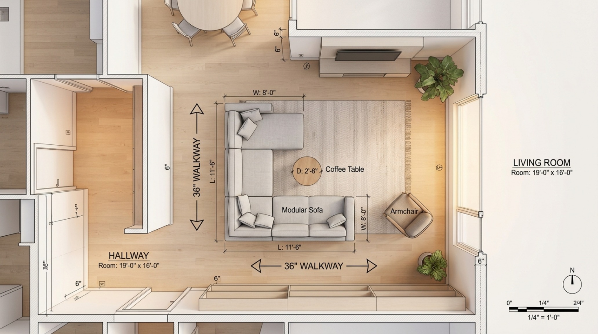 High-angle architectural view of a modular sofa layout showing a 36-inch walkway clearance and fluid spatial flow.