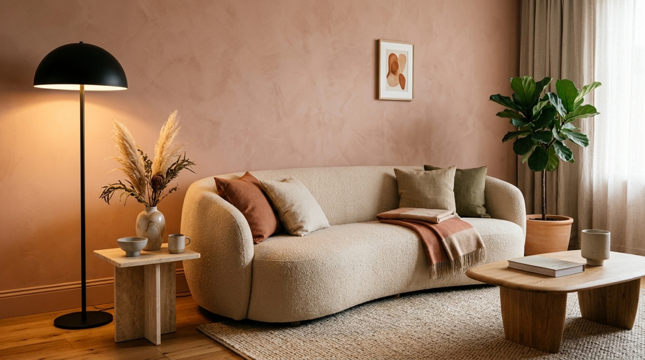 Interior scene featuring a curved modular sofa against a wall painted in Farrow & Ball Setting Plaster, lit by 2700K warm ambient lighting.