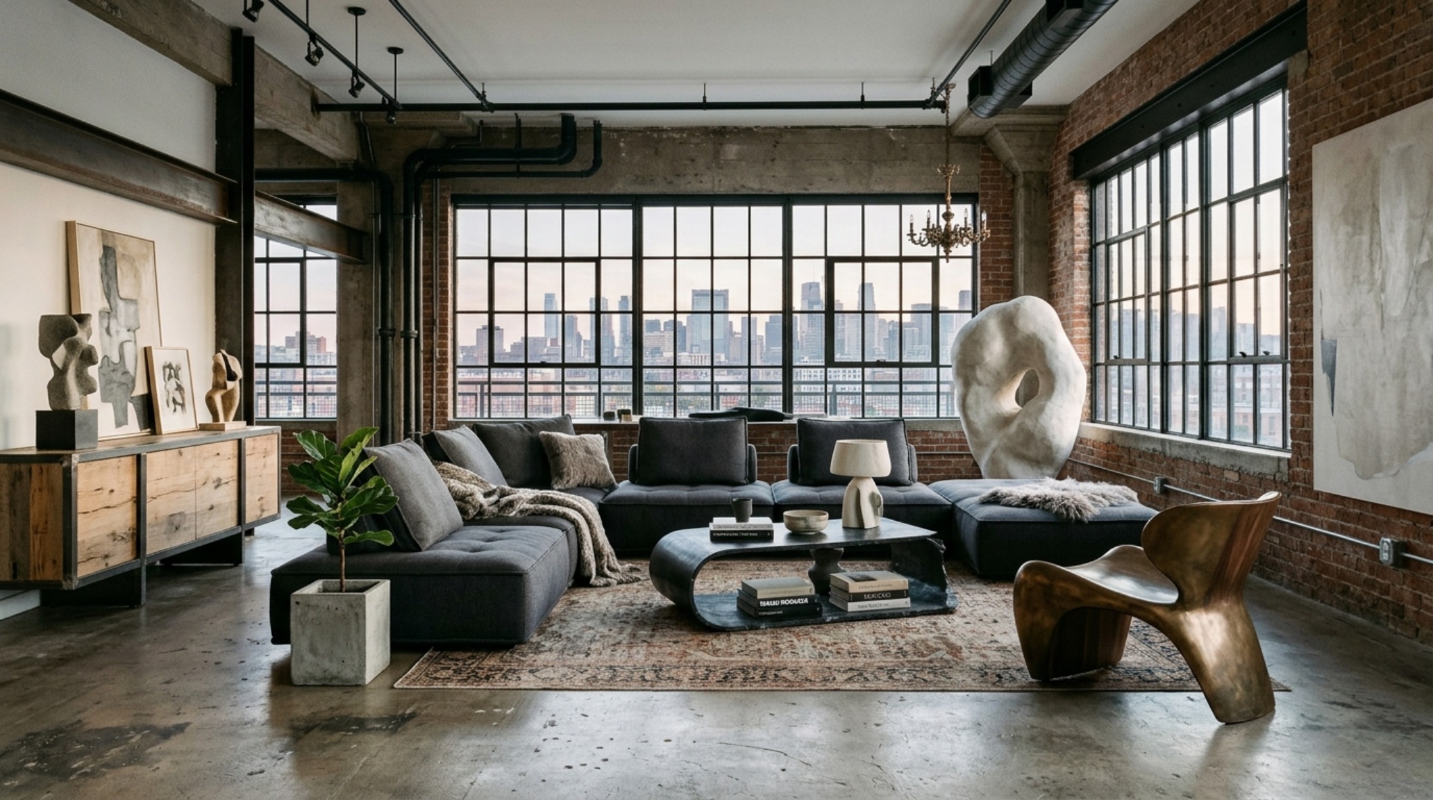 Sculptural seating for luxury living rooms featuring a charcoal grey modular system with low-profile ergonomics in a concrete loft.