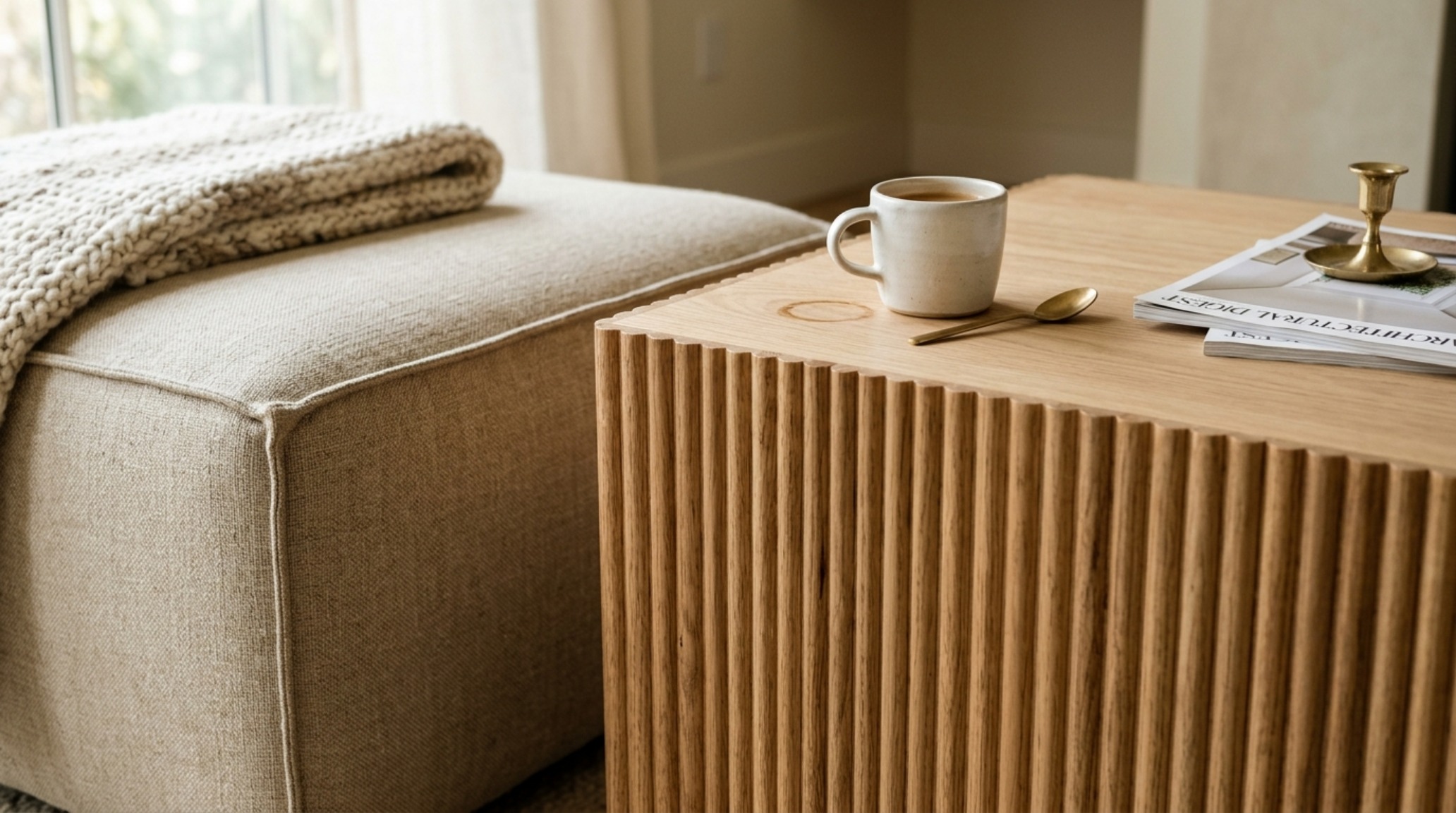 Detail of a fluted white oak side table positioned 18 inches from a textured bouclé sofa module.