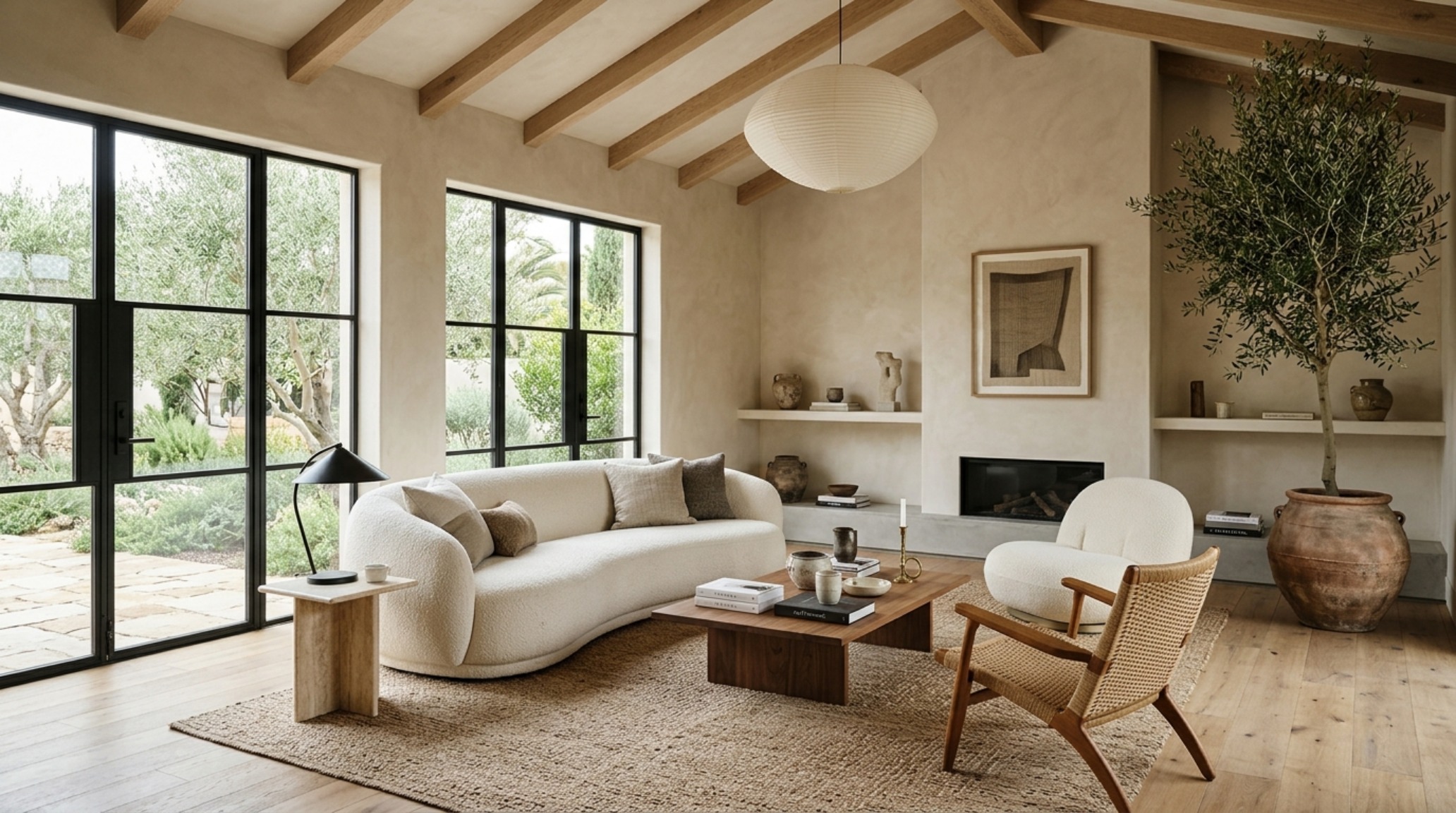 Wide-angle editorial shot of a contemporary modular living room furniture arrangement in an organic modern interior with limewash walls.