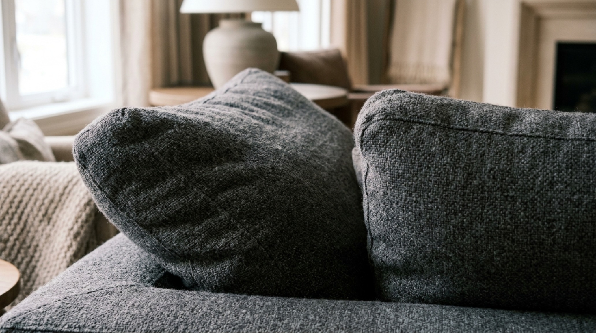 Close-up of a modern sectional sofa's deep seating and soft, feather-filled cushions in a neutral linen fabric.