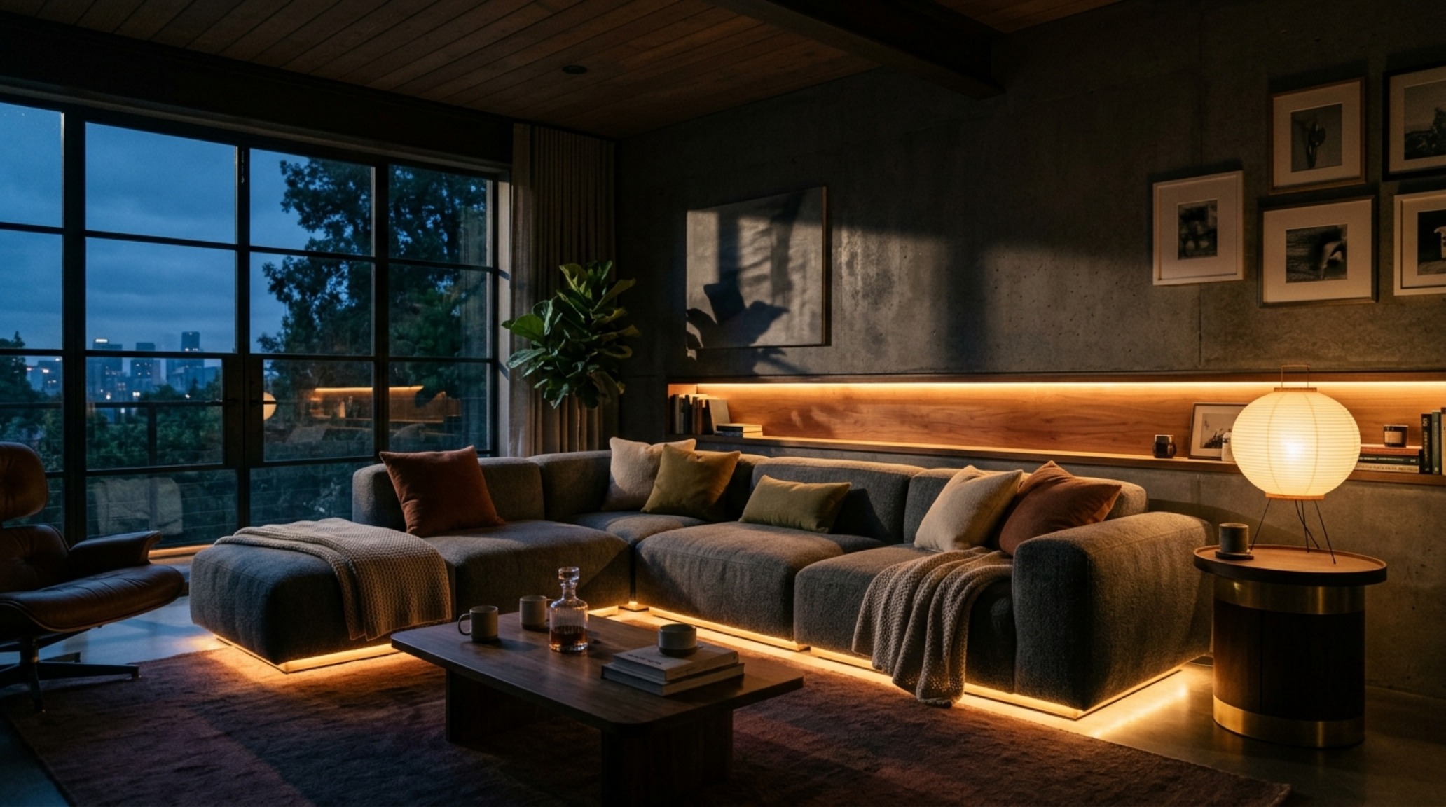 Evening shot of a low-profile sofa illuminated by high-CRI warm lighting, highlighting the tactile grounding of the space.