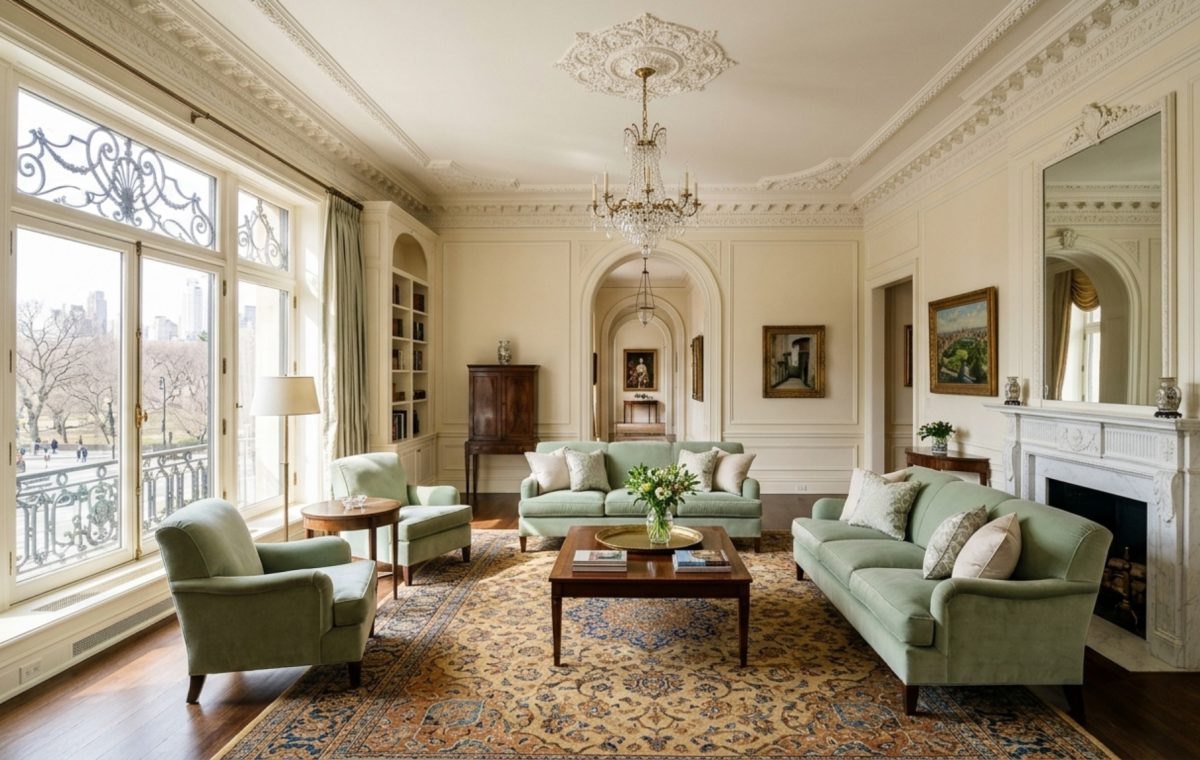 A sun-drenched Upper East Side living room featuring traditional symmetry, silk-upholstered chairs, and architectural crown molding inspired by the barbara walters former nyc apartment is decor ideas concept.