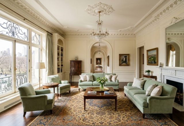 A sun-drenched Upper East Side living room featuring traditional symmetry, silk-upholstered chairs, and architectural crown molding inspired by the barbara walters former nyc apartment is decor ideas concept.
