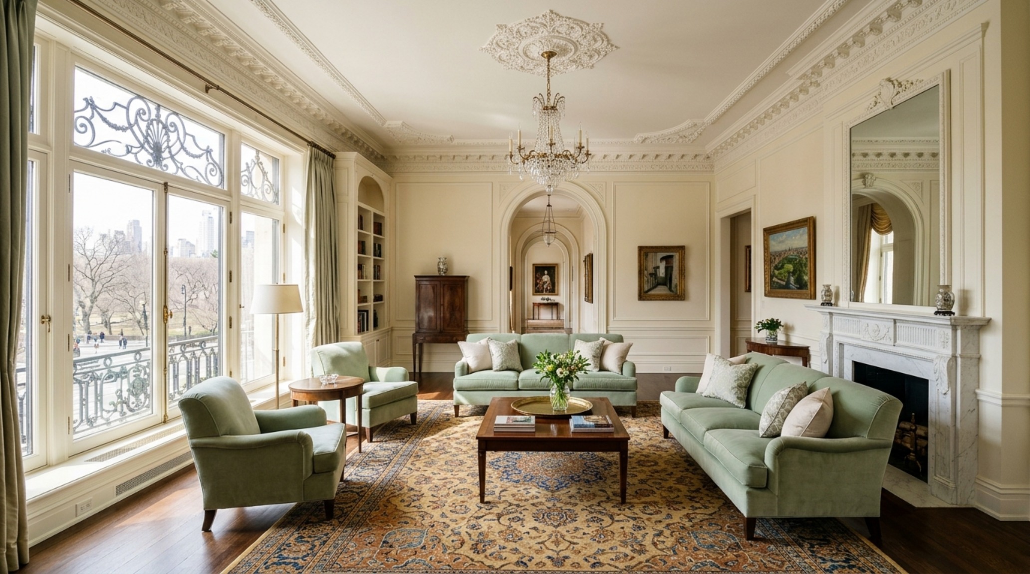A sun-drenched Upper East Side living room featuring traditional symmetry, silk-upholstered chairs, and architectural crown molding inspired by the barbara walters former nyc apartment is decor ideas concept. A sun-drenched Upper East Side living room featuring traditional symmetry, silk-upholstered chairs, and architectural crown molding inspired by the barbara walters former nyc apartment is decor ideas concept.