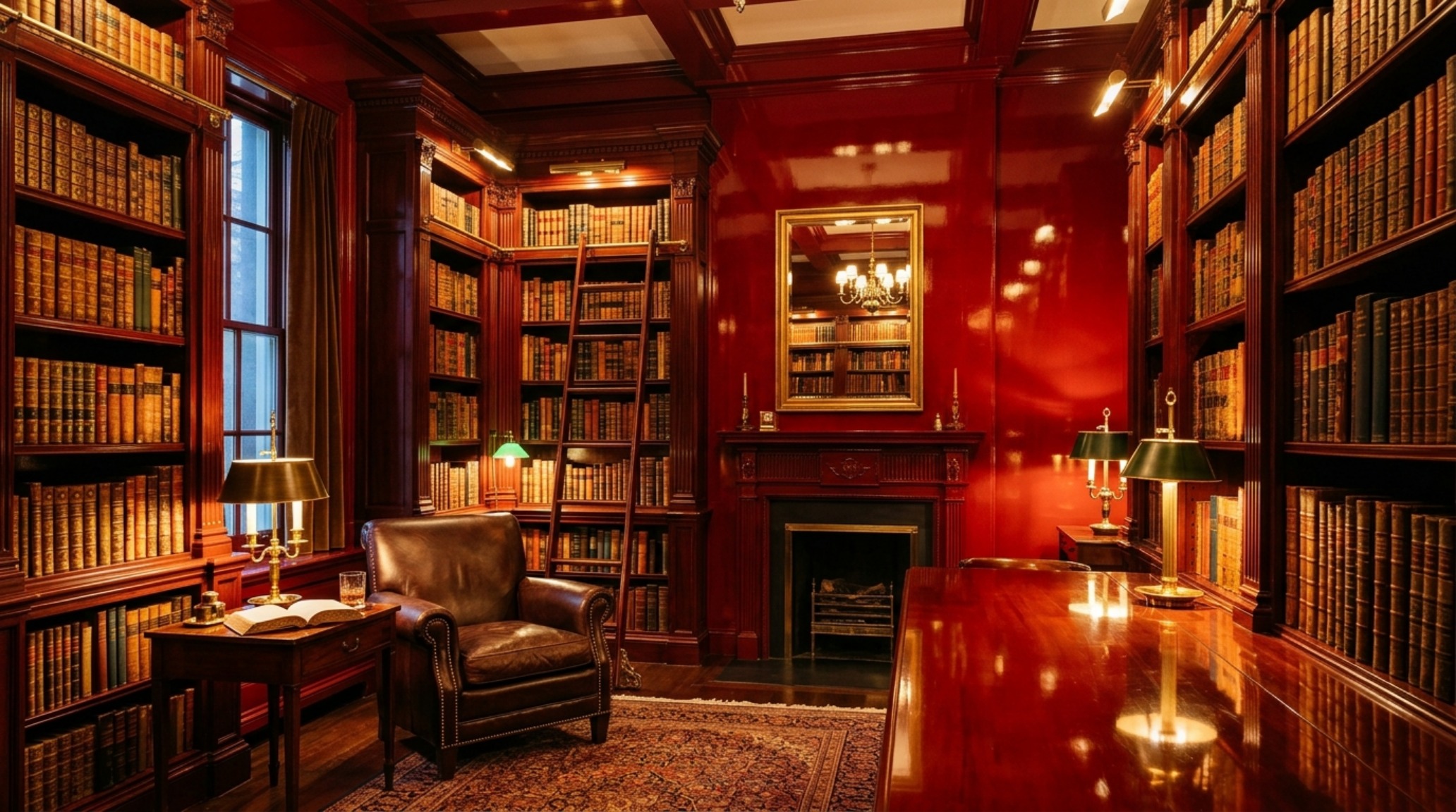 Editorial shot of a high-gloss red lacquer library with floor-to-ceiling bookshelves and brass library lights, showcasing the Mario Buatta style inspiration. Editorial shot of a high-gloss red lacquer library with floor-to-ceiling bookshelves and brass library lights, showcasing the Mario Buatta style inspiration.