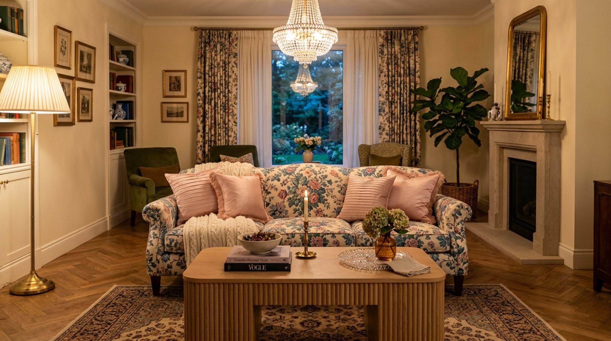 Modern Grandmillennial living room styling with a mix of vintage floral chintz and contemporary brass accents under 2700K warm lighting. Modern Grandmillennial living room styling with a mix of vintage floral chintz and contemporary brass accents under 2700K warm lighting.