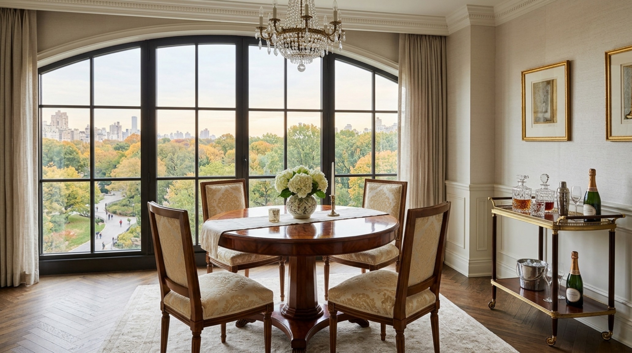 A sophisticated dining nook with a circular mahogany table and 30-inch chair clearance, emphasizing the spatial cadence of small-space luxury. A sophisticated dining nook with a circular mahogany table and 30-inch chair clearance, emphasizing the spatial cadence of small-space luxury.