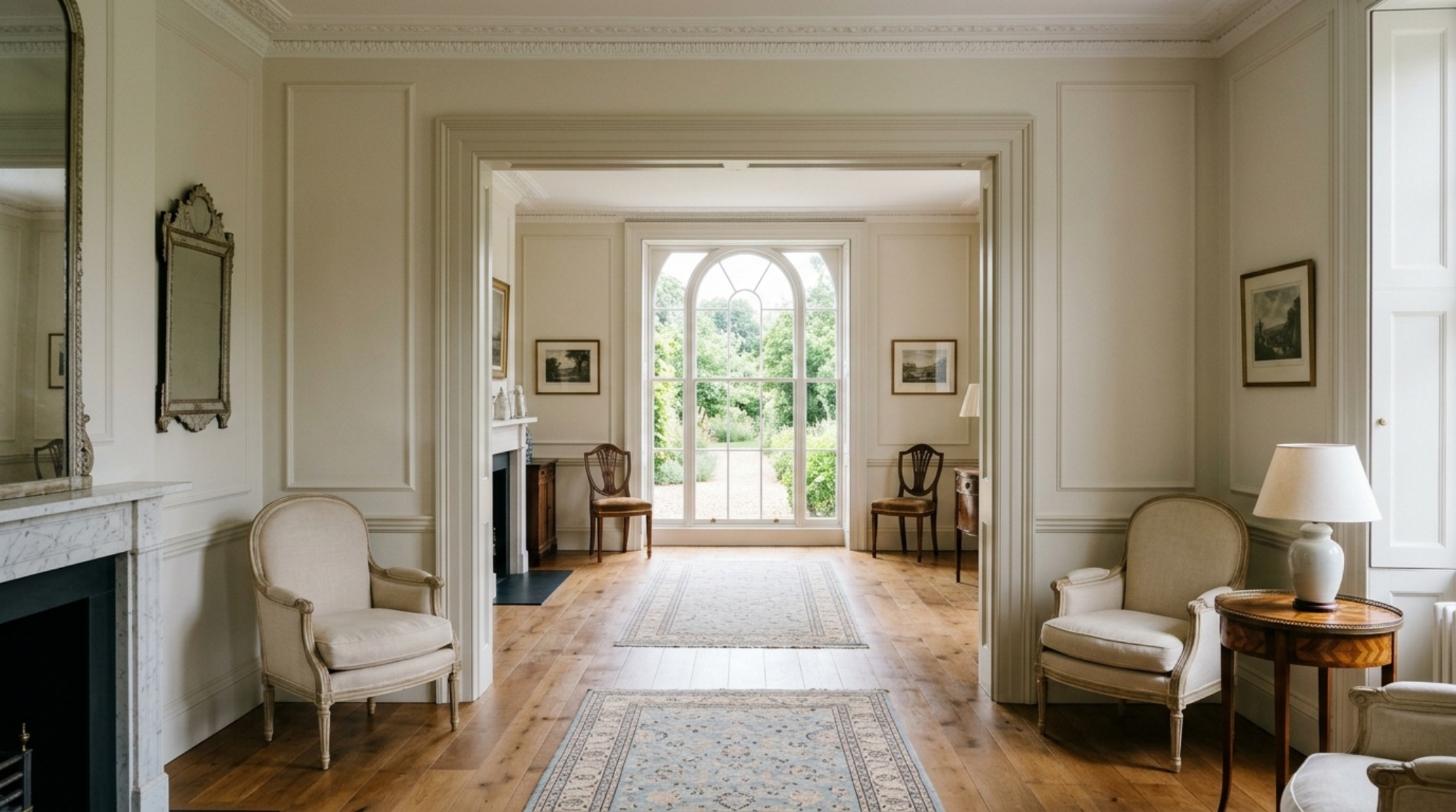 View from a stylish flat toward a window, showing strategic sightlines and aligned furniture that replicates the enfilade effect of a 5th Avenue estate. View from a stylish flat toward a window, showing strategic sightlines and aligned furniture that replicates the enfilade effect of a 5th Avenue estate.