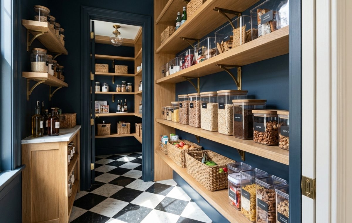 A wide-angle architectural shot of a small pantry featuring deep navy cabinetry, brass hardware, and organized clear acrylic bins on light oak shelves with 36-inch clearance.