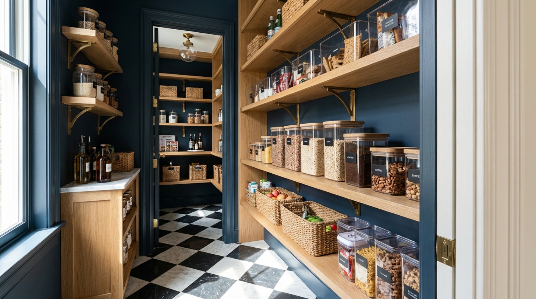A wide-angle architectural shot of a small pantry featuring deep navy cabinetry, brass hardware, and organized clear acrylic bins on light oak shelves with 36-inch clearance. A wide-angle architectural shot of a small pantry featuring deep navy cabinetry, brass hardware, and organized clear acrylic bins on light oak shelves with 36-inch clearance.