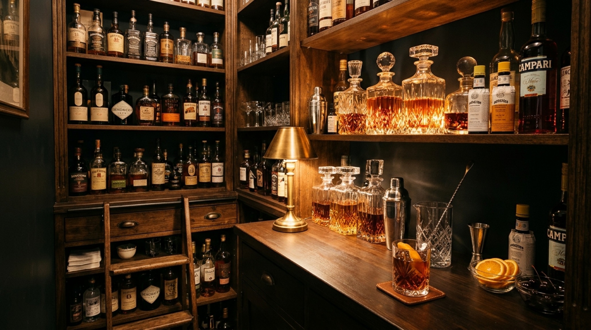 Lush editorial view of a pantry-to-bar conversion, showcasing a curated selection of spirits on a dark wood shelf against a backdrop of moody paint and warm metallic light. Lush editorial view of a pantry-to-bar conversion, showcasing a curated selection of spirits on a dark wood shelf against a backdrop of moody paint and warm metallic light.