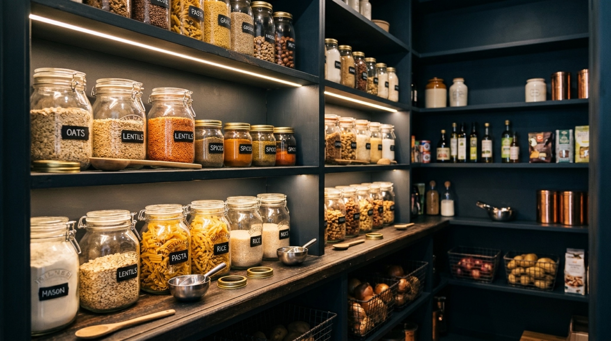 A close-up of a boutique pantry corner painted in Farrow and Ball Railings, showcasing integrated 2700K LED lighting reflecting off glass jars and brass accents. A close-up of a boutique pantry corner painted in Farrow and Ball Railings, showcasing integrated 2700K LED lighting reflecting off glass jars and brass accents.