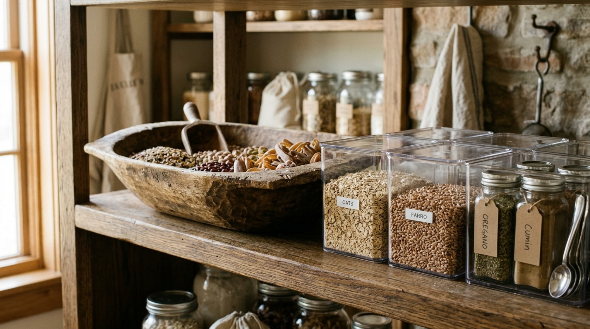 Small pantry organization ideas featuring tiered wooden shelving and clear acrylic storage bins mixed with vintage Jayson Home found objects for a curated look. Small pantry organization ideas featuring tiered wooden shelving and clear acrylic storage bins mixed with vintage Jayson Home found objects for a curated look.
