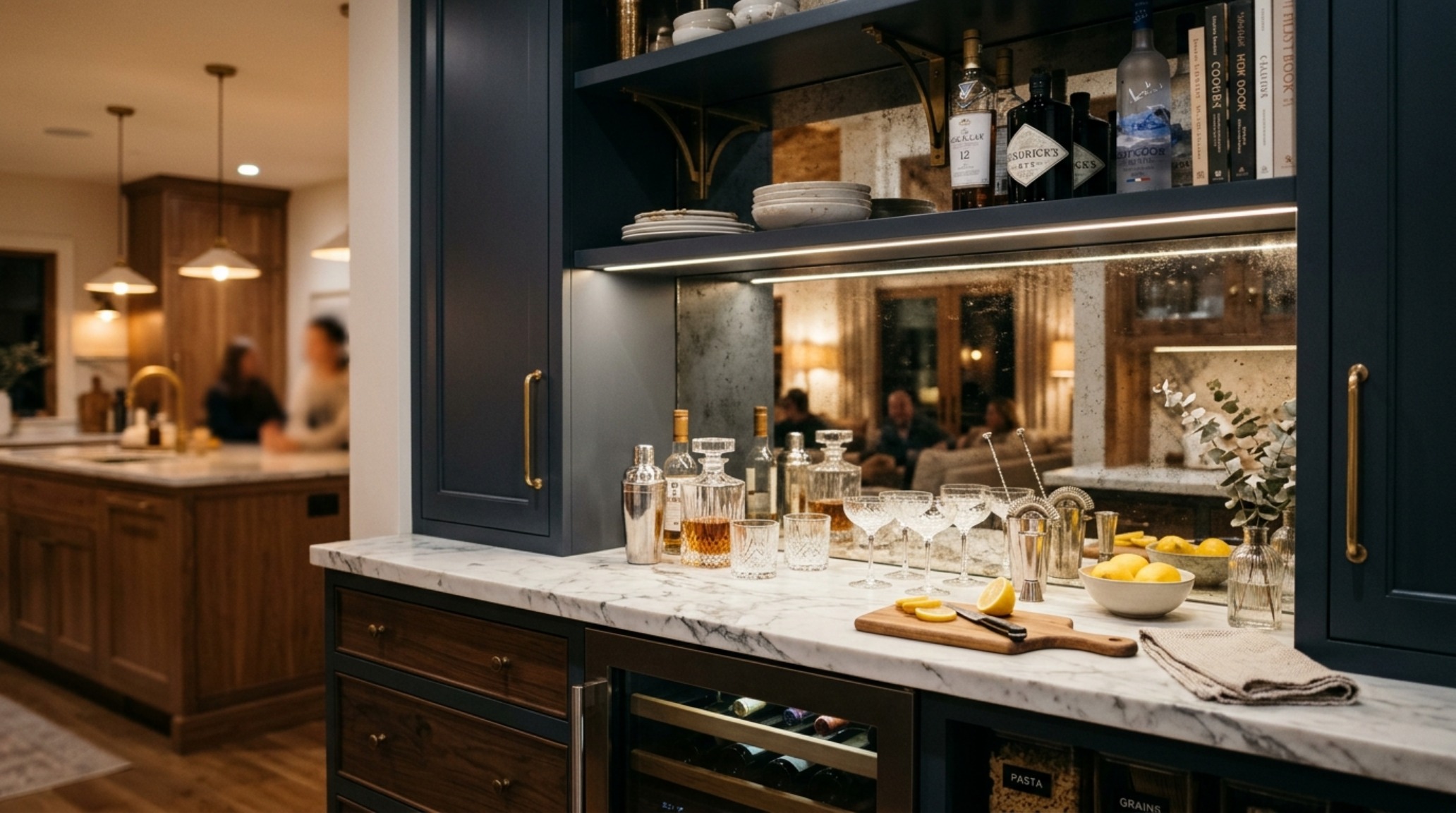 A sophisticated pantry bar hybrid with an antique mirror backsplash, honed marble countertop, and fluted glassware catching natural sunlight from a side window. A sophisticated pantry bar hybrid with an antique mirror backsplash, honed marble countertop, and fluted glassware catching natural sunlight from a side window.