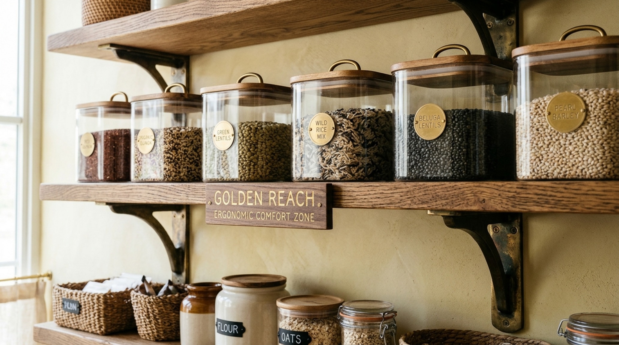 Detailed shot of ergonomic pantry zoning with daily essentials in clear bins at eye level and heavy ceramic crocks on lower shelves for optimal reach. Detailed shot of ergonomic pantry zoning with daily essentials in clear bins at eye level and heavy ceramic crocks on lower shelves for optimal reach.