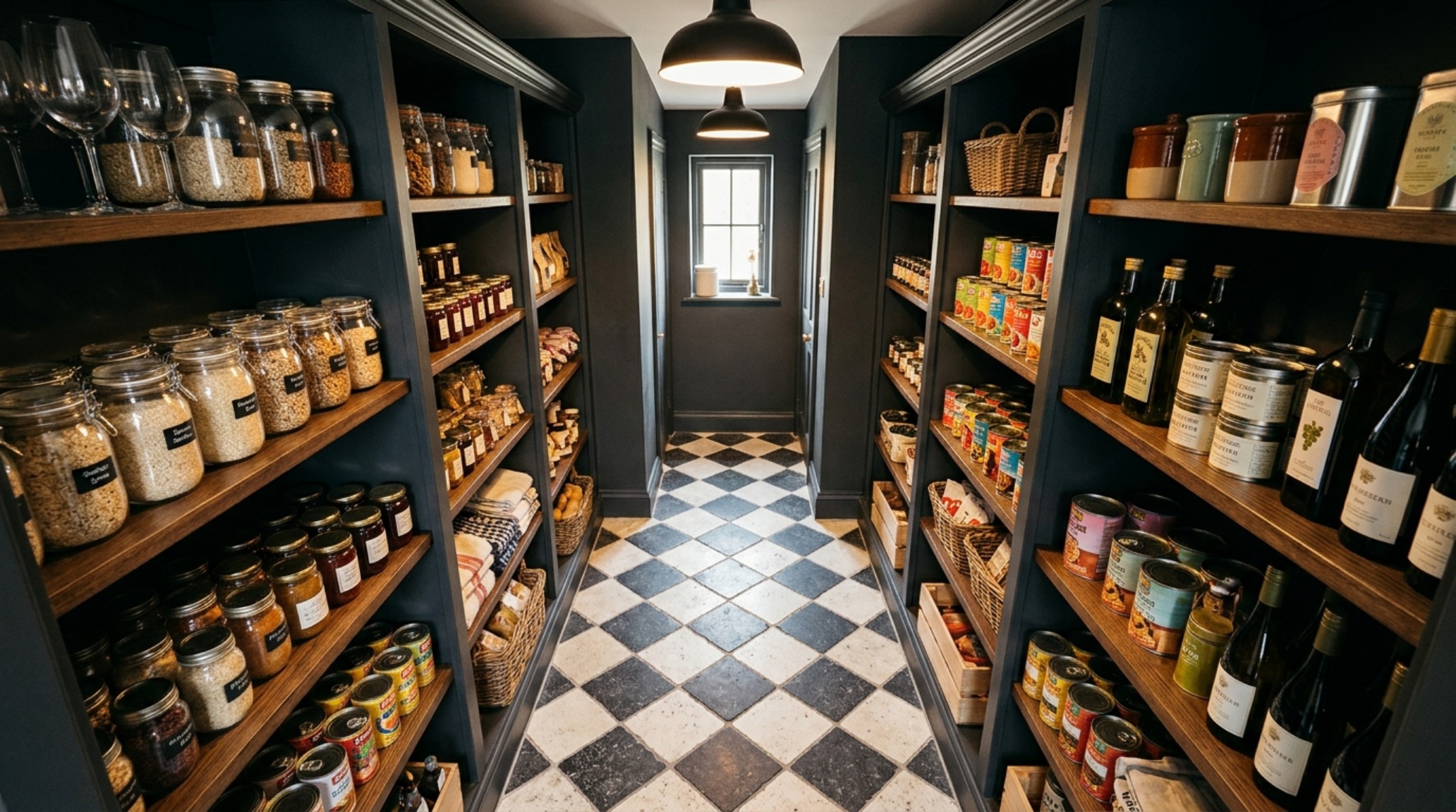 A bird's-eye view of a small butler's pantry with checkerboard marble flooring and floor-to-ceiling storage, highlighting efficient spatial flow and luxury materials. A bird's-eye view of a small butler's pantry with checkerboard marble flooring and floor-to-ceiling storage, highlighting efficient spatial flow and luxury materials.