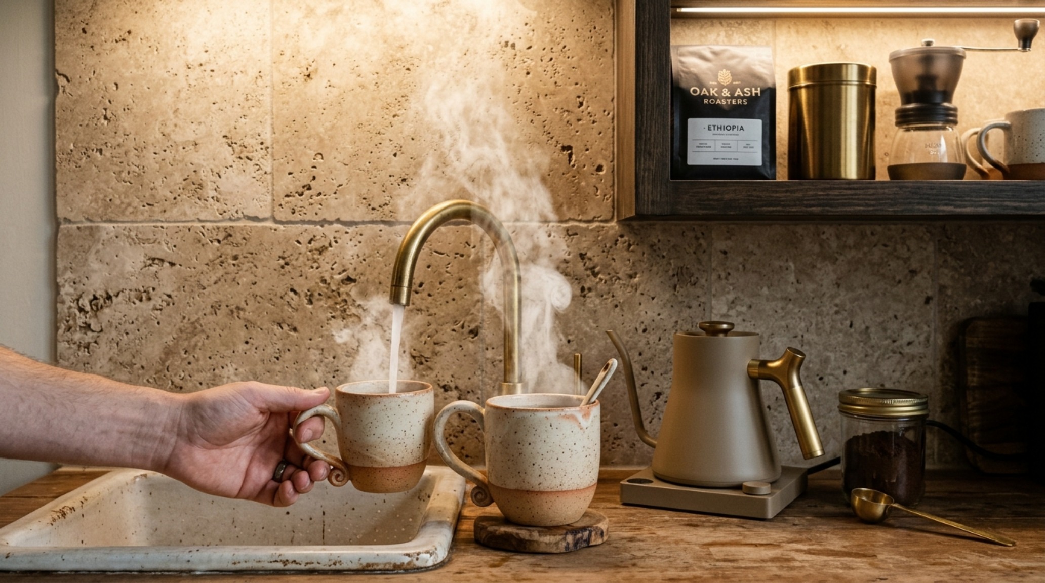 Warm 2700K task lighting illuminating a coffee station hidden within a pantry, featuring a small sink and high-CRI lighting to enhance stone textures. Warm 2700K task lighting illuminating a coffee station hidden within a pantry, featuring a small sink and high-CRI lighting to enhance stone textures.