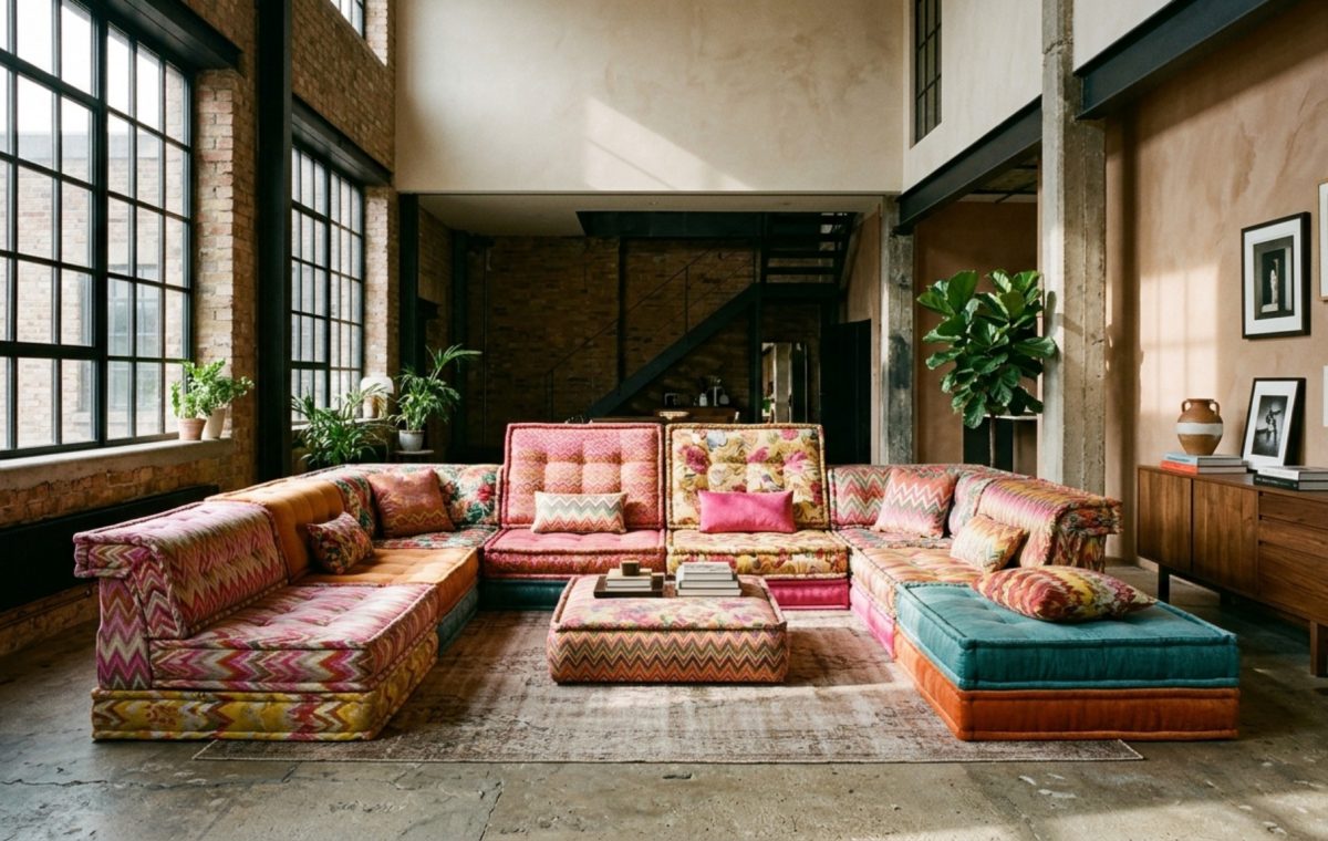A wide-angle editorial shot of a salvaged Roche Bobois Mah Jong sofa in a sun-drenched NYC loft, showcasing how viral tiktok roche bobois street couch decor ideas can blend urban grit with high-end luxury.