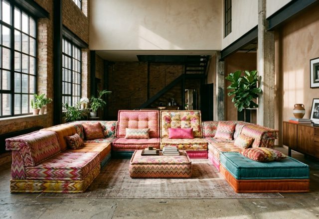 A wide-angle editorial shot of a salvaged Roche Bobois Mah Jong sofa in a sun-drenched NYC loft, showcasing how viral tiktok roche bobois street couch decor ideas can blend urban grit with high-end luxury.