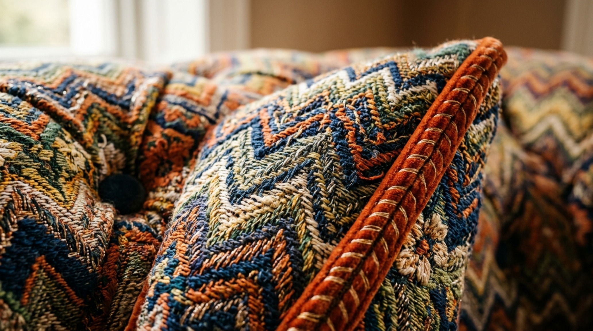 Macro detail of authentic Missoni Home fabric on a modular floor sofa, emphasizing the intricate weave and hand-tufted piping after professional deep cleaning. Macro detail of authentic Missoni Home fabric on a modular floor sofa, emphasizing the intricate weave and hand-tufted piping after professional deep cleaning.