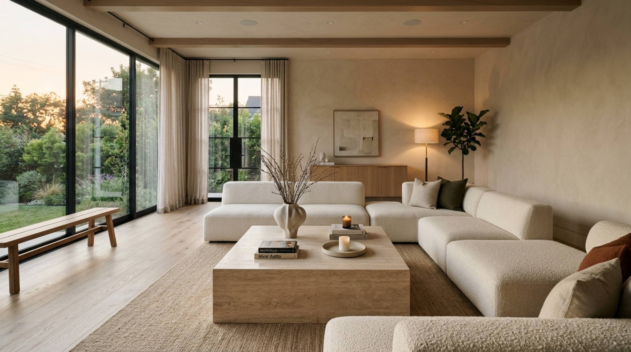 A living room layout featuring 36-inch walkway clearances and a low-profile modular sofa arrangement, illustrating spatial cadence in modern interior design. A living room layout featuring 36-inch walkway clearances and a low-profile modular sofa arrangement, illustrating spatial cadence in modern interior design.