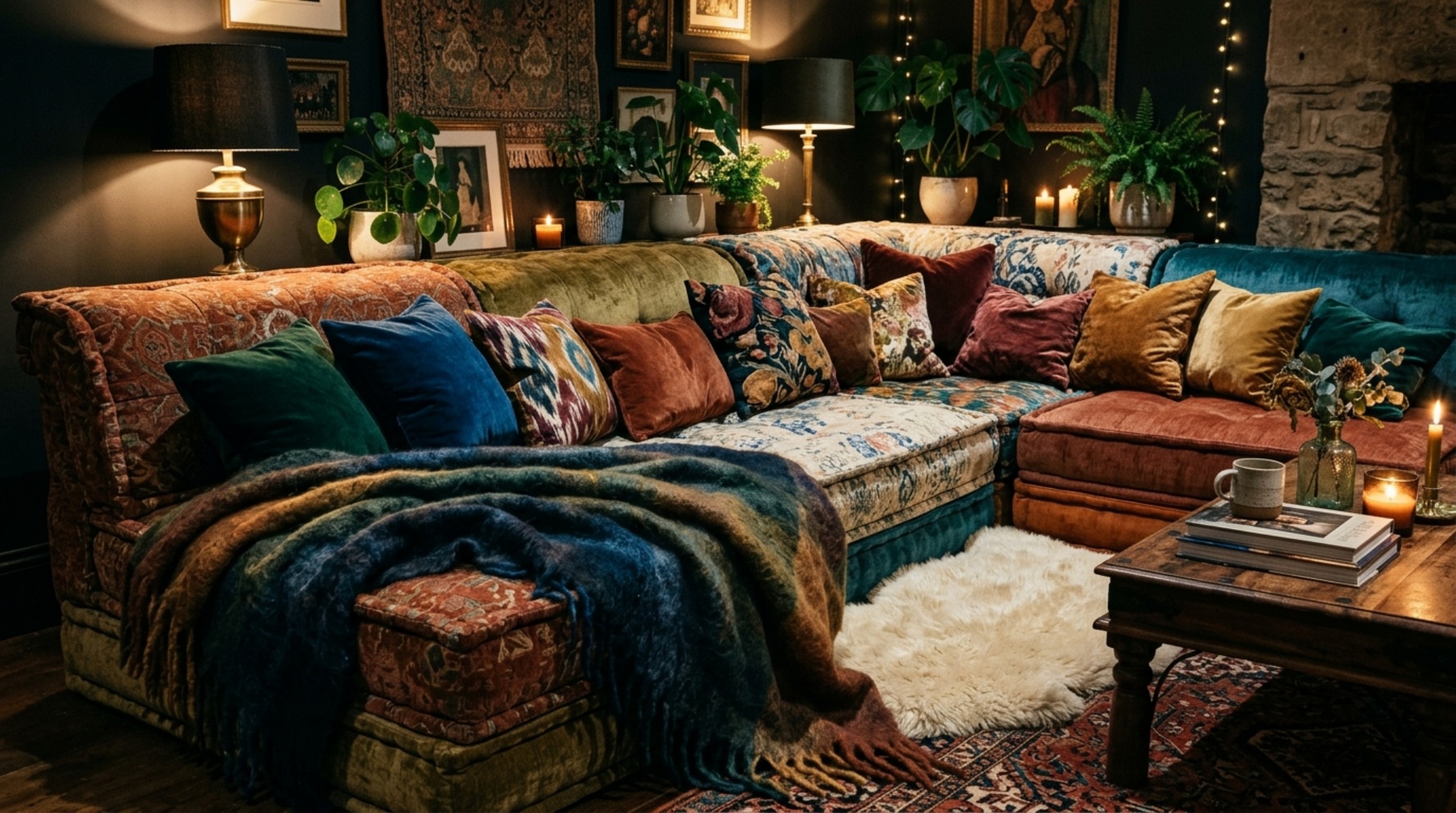 A cozy velvet sanctuary corner with layered textiles, mohair throws, and silk-velvet bolsters on a vintage modular sofa, epitomizing the tactile maximalism trend. A cozy velvet sanctuary corner with layered textiles, mohair throws, and silk-velvet bolsters on a vintage modular sofa, epitomizing the tactile maximalism trend.