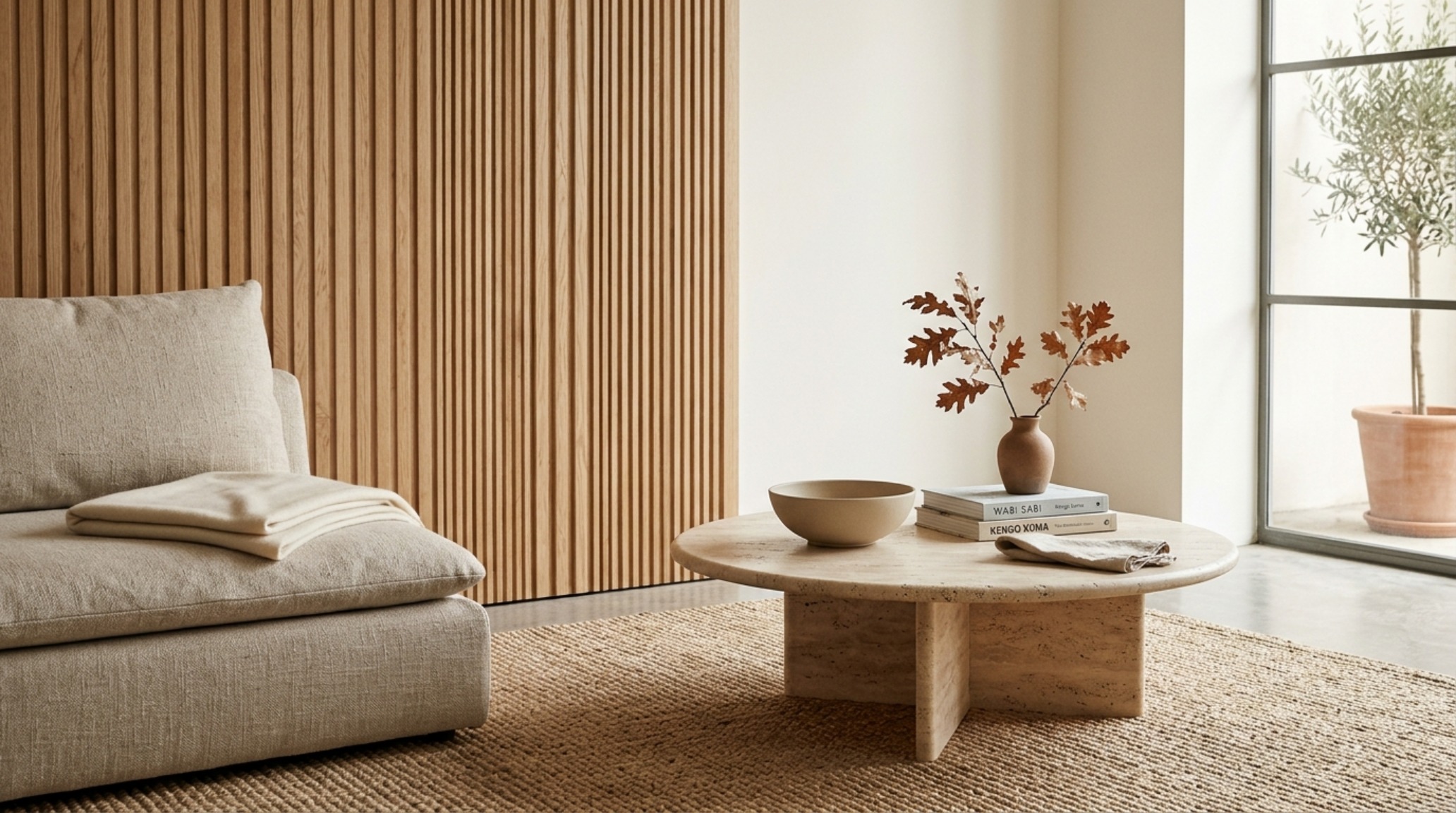 Architectural vignette featuring a honed travertine coffee table at 18-inch reach from a low-profile floor sofa, highlighting materiality and functional ergonomics. Architectural vignette featuring a honed travertine coffee table at 18-inch reach from a low-profile floor sofa, highlighting materiality and functional ergonomics.