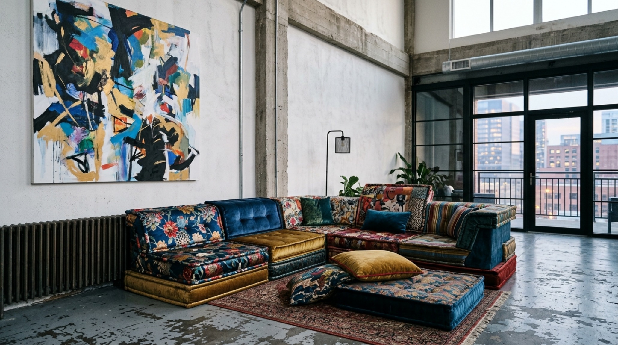 A series of vintage Roche Bobois Mah Jong modules in a curated chaos arrangement, styled with oversized art and fluted white oak wall panels for vertical balance. A series of vintage Roche Bobois Mah Jong modules in a curated chaos arrangement, styled with oversized art and fluted white oak wall panels for vertical balance.