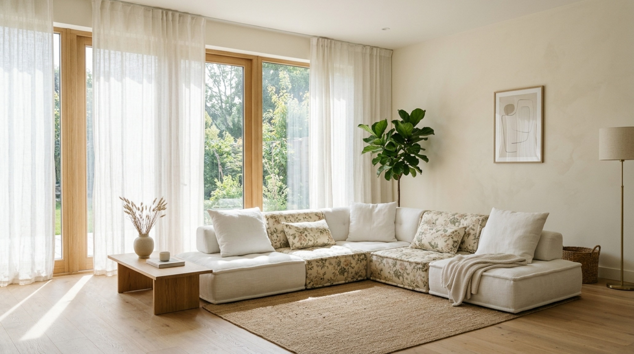 A minimalist interior with a vibrant modular floor sofa as the focal point, utilizing Benjamin Moore Swiss Coffee for a bright, airy architectural backdrop. A minimalist interior with a vibrant modular floor sofa as the focal point, utilizing Benjamin Moore Swiss Coffee for a bright, airy architectural backdrop.