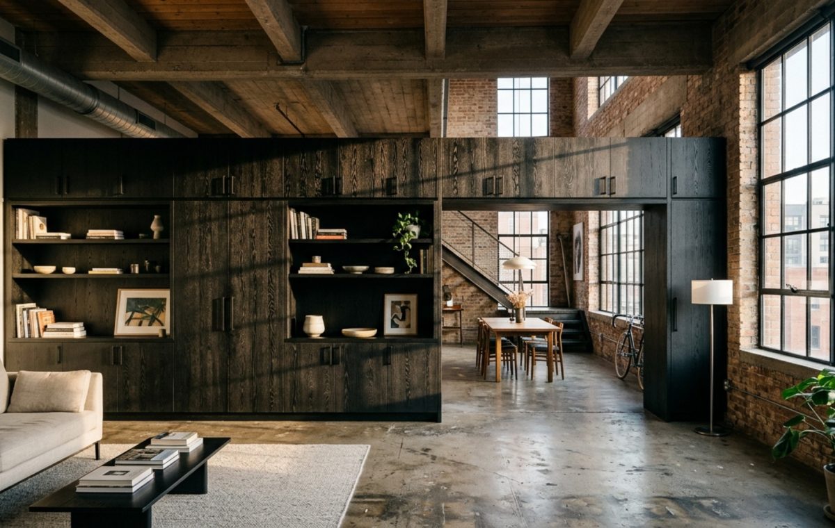 A wide-angle view of a modern black wood industrial loft with a custom floor-to-ceiling blackened oak storage unit acting as a room divider, featuring clean lines and 36-inch architectural walkways.