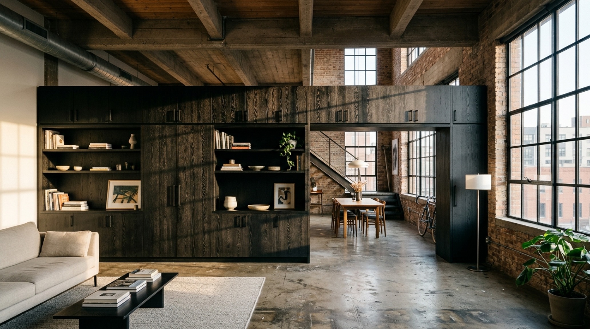 A wide-angle view of a modern black wood industrial loft with a custom floor-to-ceiling blackened oak storage unit acting as a room divider, featuring clean lines and 36-inch architectural walkways. A wide-angle view of a modern black wood industrial loft with a custom floor-to-ceiling blackened oak storage unit acting as a room divider, featuring clean lines and 36-inch architectural walkways.