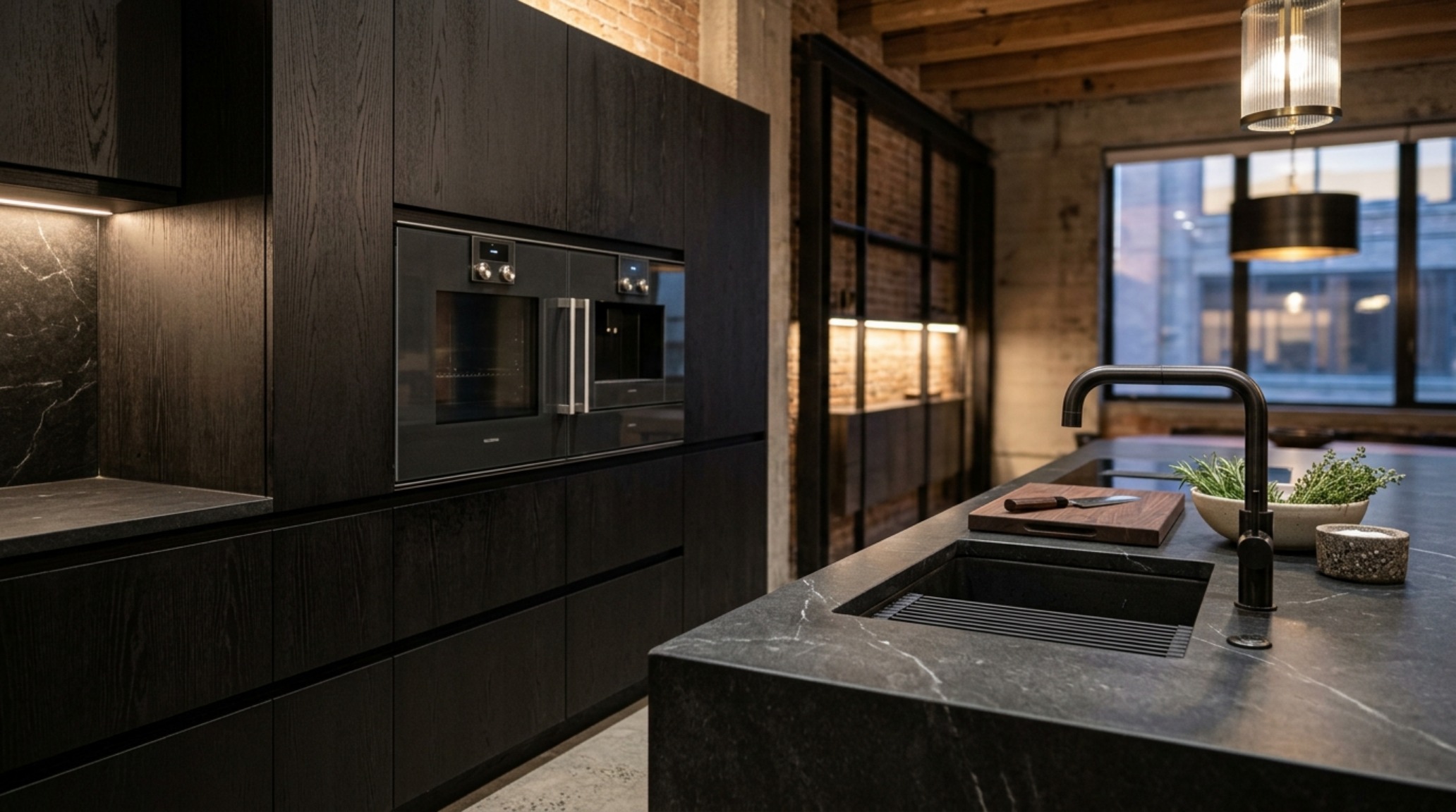 Detail shot of a blackened oak kitchen island with a honed soapstone countertop, showcasing integrated storage and 2700K warm under-cabinet lighting in a moody industrial setting. Detail shot of a blackened oak kitchen island with a honed soapstone countertop, showcasing integrated storage and 2700K warm under-cabinet lighting in a moody industrial setting.