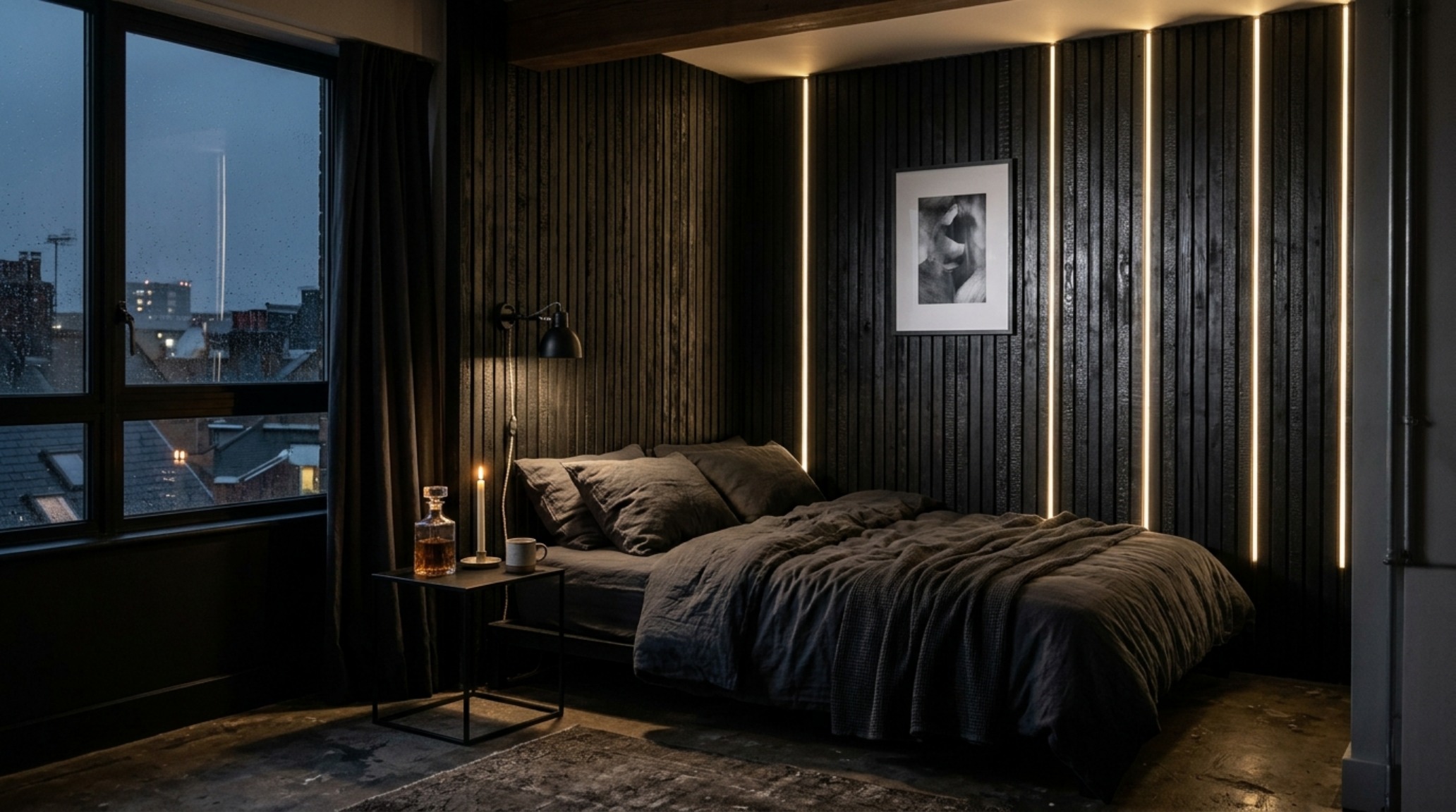 A cozy industrial bedroom nook featuring a dark wood slat wall made of charred larch, with integrated bedside lighting and charcoal-colored linen bedding for a sophisticated moody aesthetic. A cozy industrial bedroom nook featuring a dark wood slat wall made of charred larch, with integrated bedside lighting and charcoal-colored linen bedding for a sophisticated moody aesthetic.