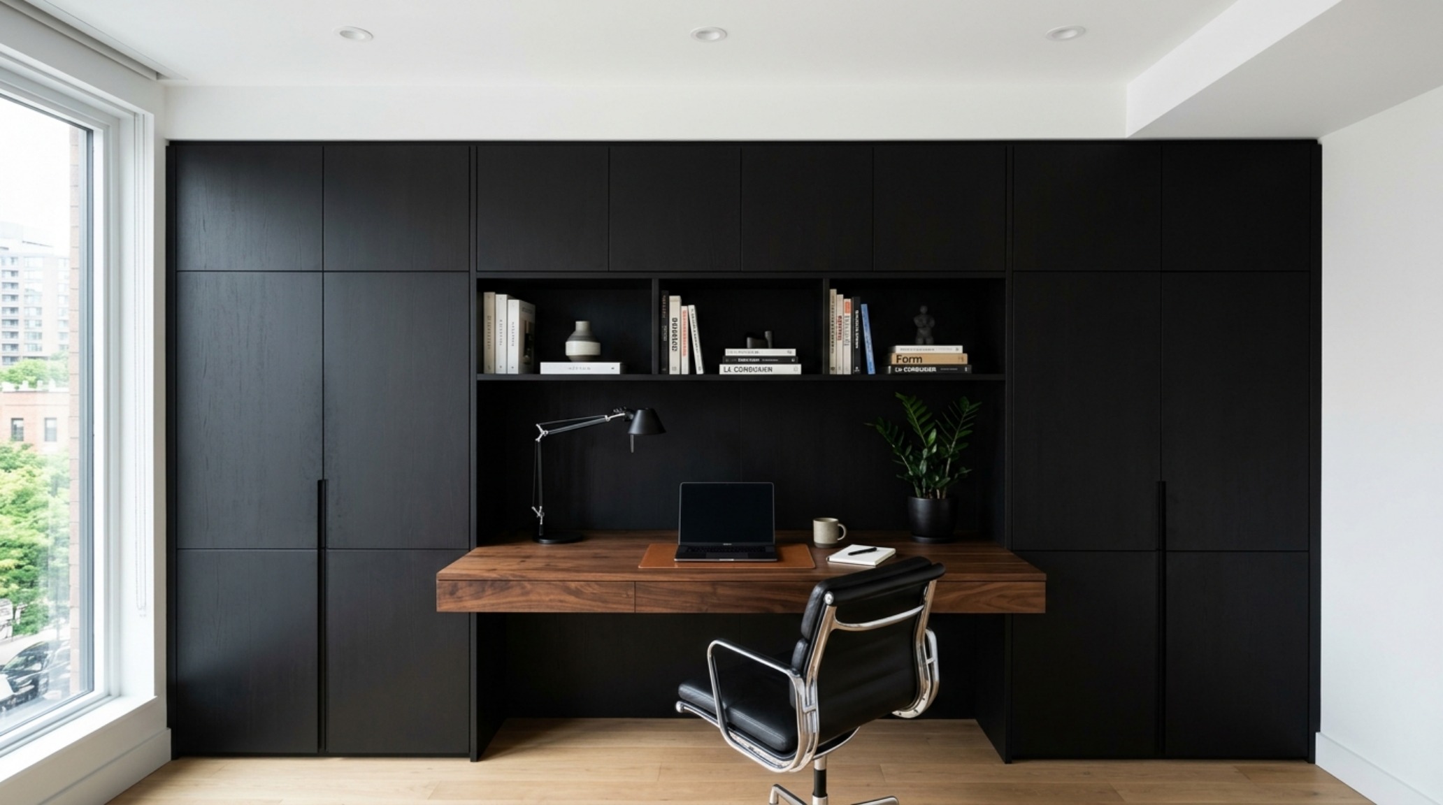 A minimalist home office integrated into a black wood cabinetry wall, featuring a hidden fold-down desk and recessed task lighting, illustrating stealth storage in a small-scale loft. A minimalist home office integrated into a black wood cabinetry wall, featuring a hidden fold-down desk and recessed task lighting, illustrating stealth storage in a small-scale loft.