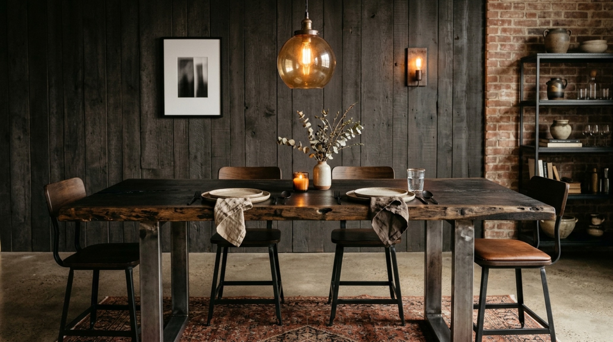 Industrial dining area with a blackened steel and oak table, surrounded by vintage leather chairs, positioned for 30-inch seat clearance against a backdrop of exposed brick and dark wood panels. Industrial dining area with a blackened steel and oak table, surrounded by vintage leather chairs, positioned for 30-inch seat clearance against a backdrop of exposed brick and dark wood panels.