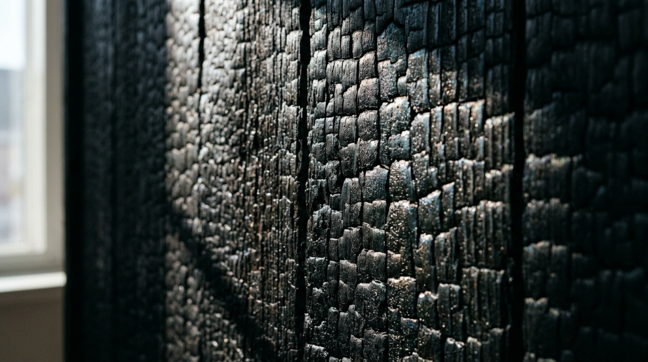Close-up of shou sugi ban charred wood texture on a sliding loft door, showing the rich carbonized grain and brushed bronze hardware in natural directional sunlight. Close-up of shou sugi ban charred wood texture on a sliding loft door, showing the rich carbonized grain and brushed bronze hardware in natural directional sunlight.