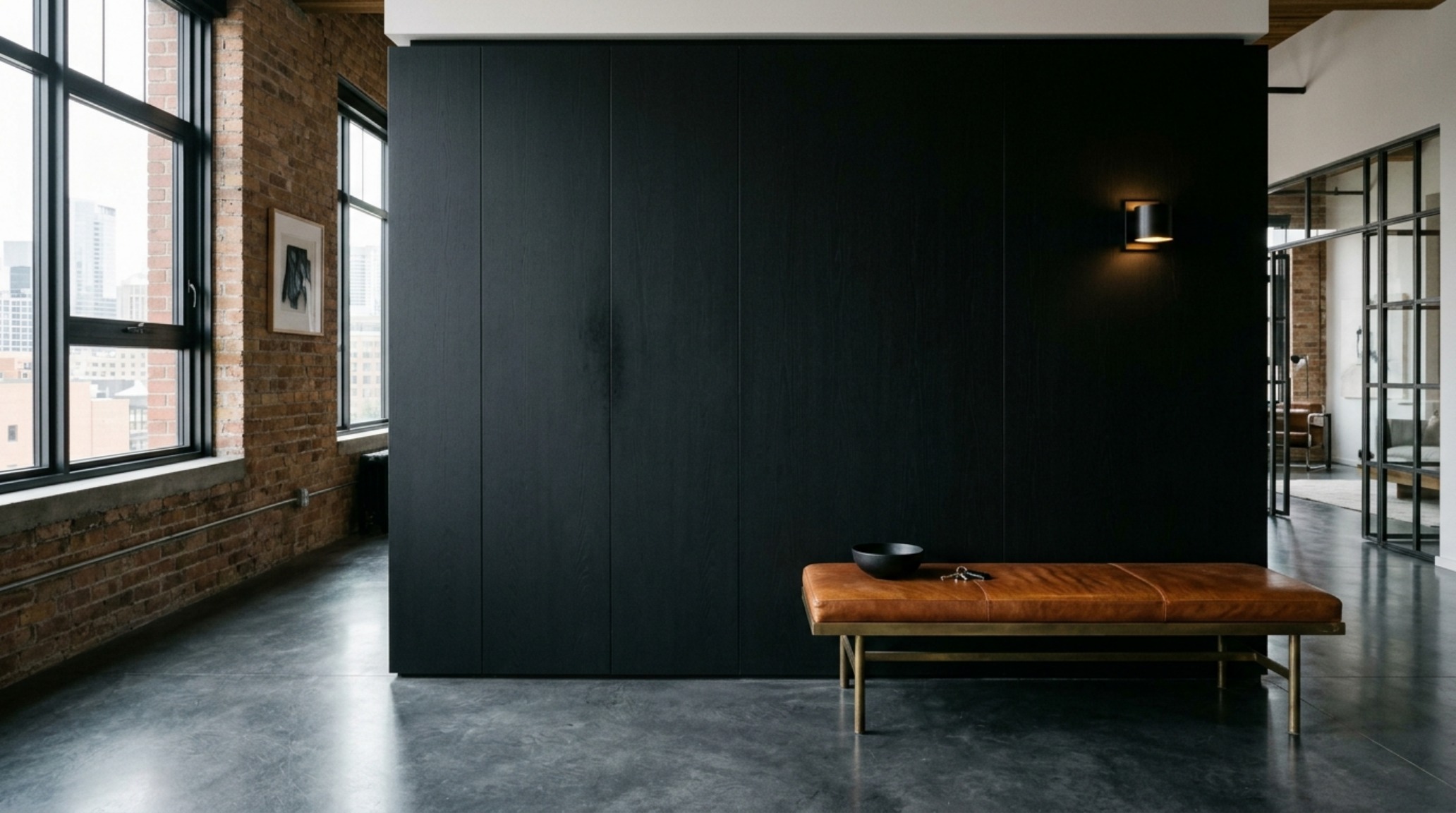 An entryway transition in a dark wood loft featuring a built-in cloakroom in matte black timber, flawlessly integrated into the architecture to eliminate visual clutter. An entryway transition in a dark wood loft featuring a built-in cloakroom in matte black timber, flawlessly integrated into the architecture to eliminate visual clutter.